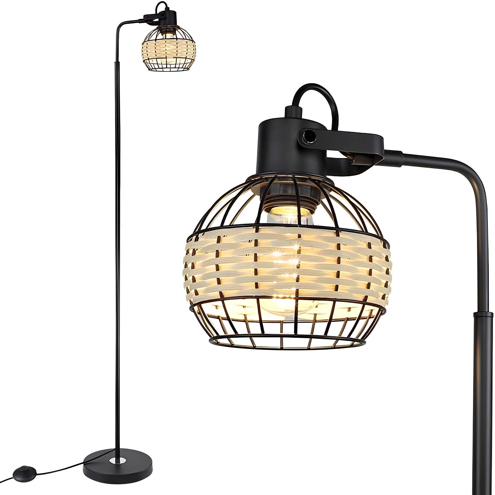 DINGLILIGHTING DLLT LED Floor Lamp, Adjustable Head, Rattan 1 Light, Metal Base, Model WS-MNF29-60B