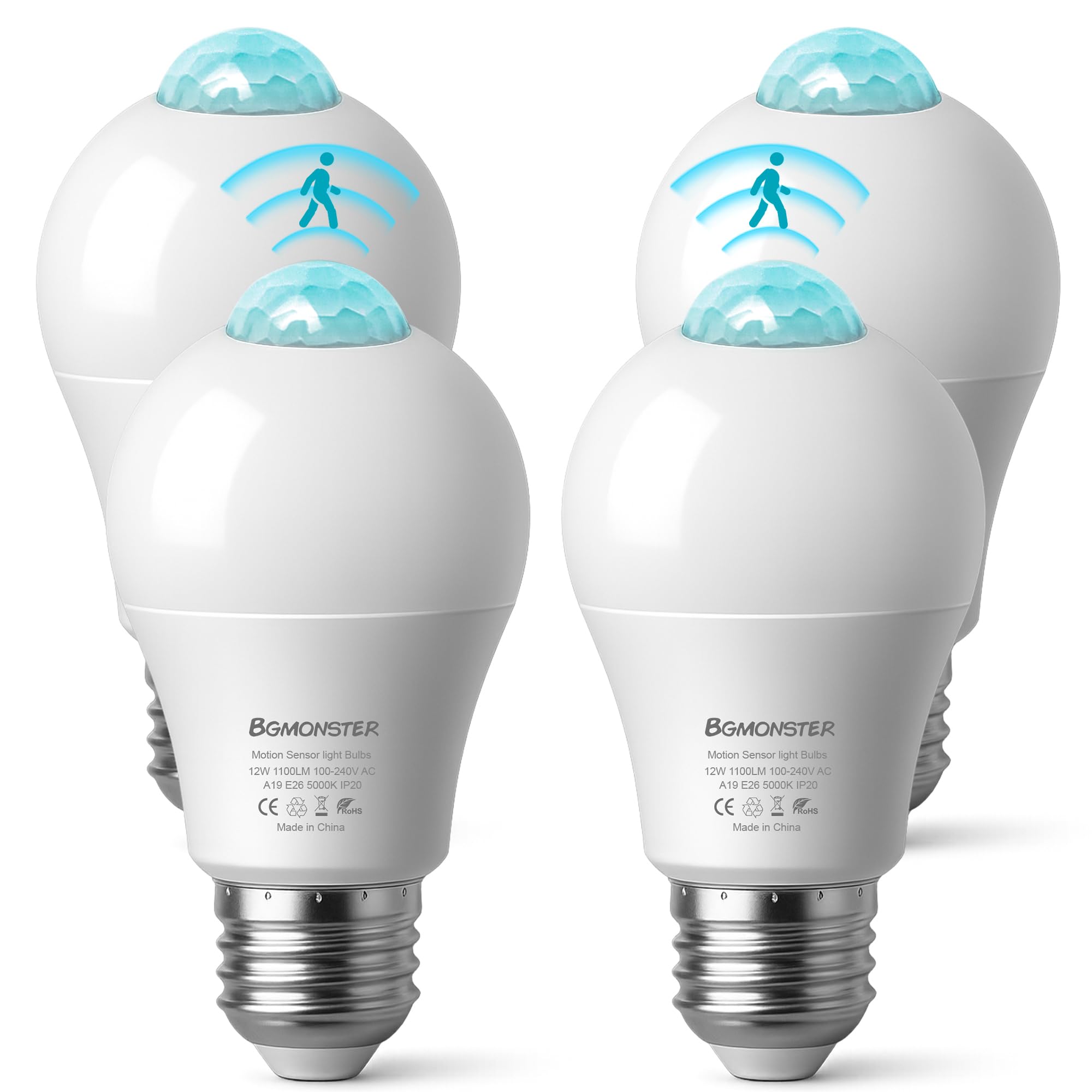 4-Pack Motion Sensor Light Bulbs, 12W(100W Equivalent) E26 A19 Security Led Bulb Outdoor/Indoor, Motion Activated Dusk To Dawn B