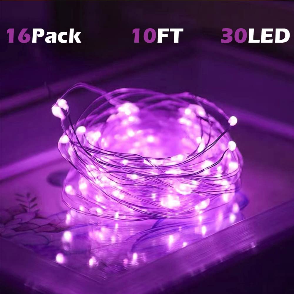 SOCO 16 Pack LED Fairy Lights - 10FT 30LED Copper Wire, IP65 Waterproof, Purple, Battery Operated for Indoor/Outdoor Decor