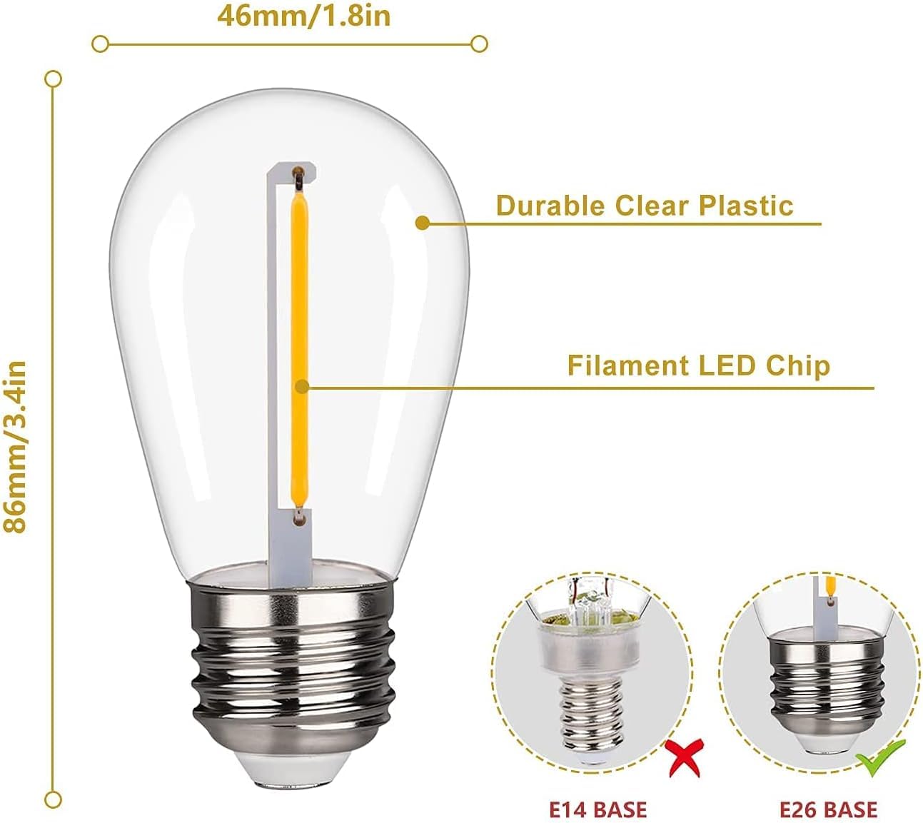 Bort 48Pack S14 Led Replacement Light Bulb, Shatterproof Outdoor String Light Bulbs, 1 Watt To Replace 11Watts Incandescent Bulb