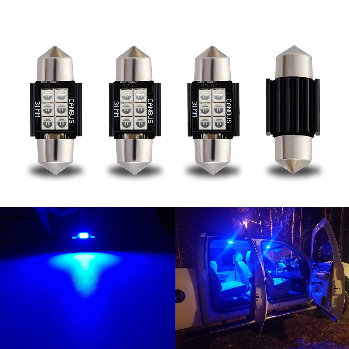 iBrightstar Festoon LED Bulbs 9-30V Error Free 31mm Blue for Interior Dome Lights and License Plate, Model iBrightstar-31mm-3030-6B