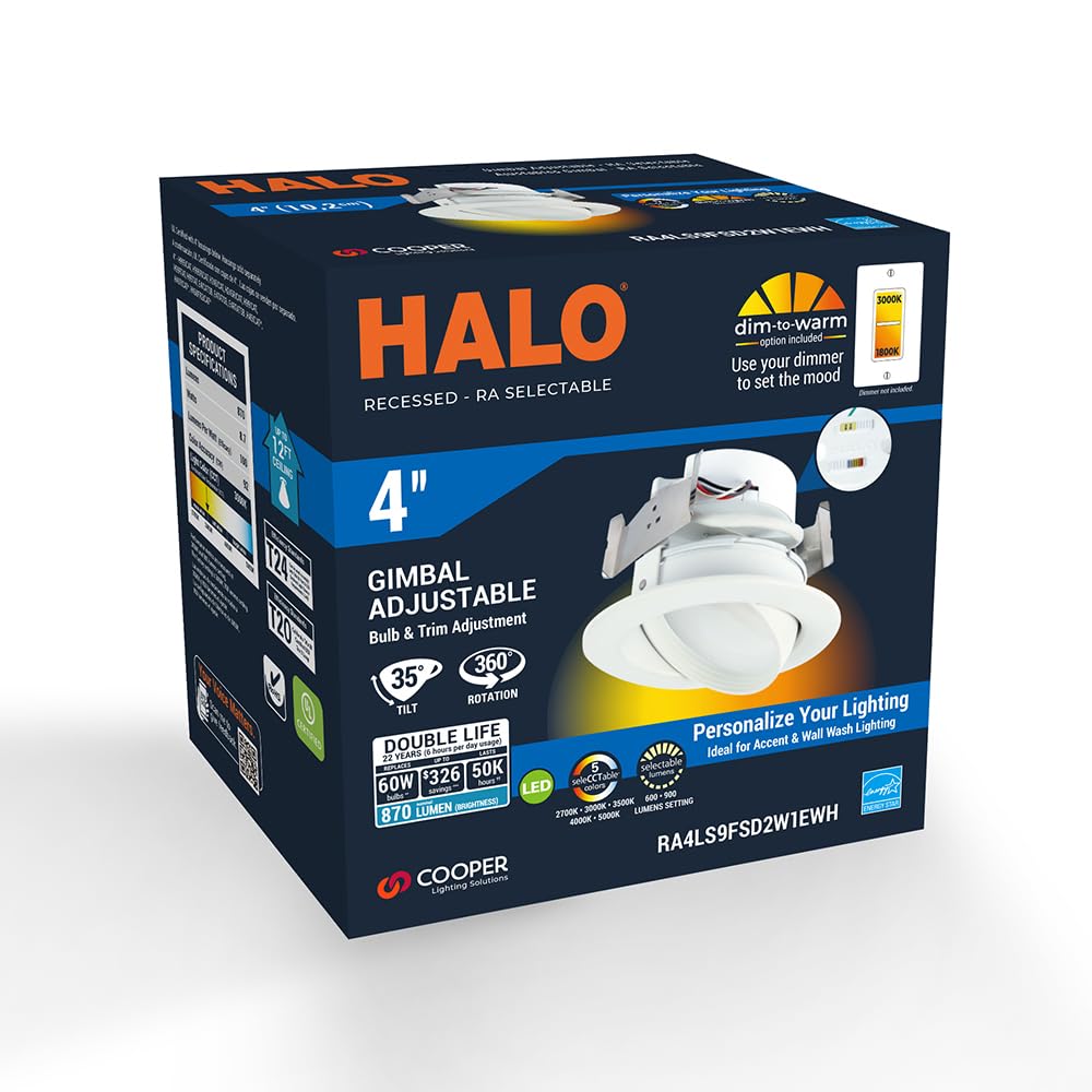 Halo Ra 4-Inch Recessed Led Trim Downlight With Adjustable Gimbal, Selectable Lumens And Color Temperatures, Dim-To-Warm - Ra56L