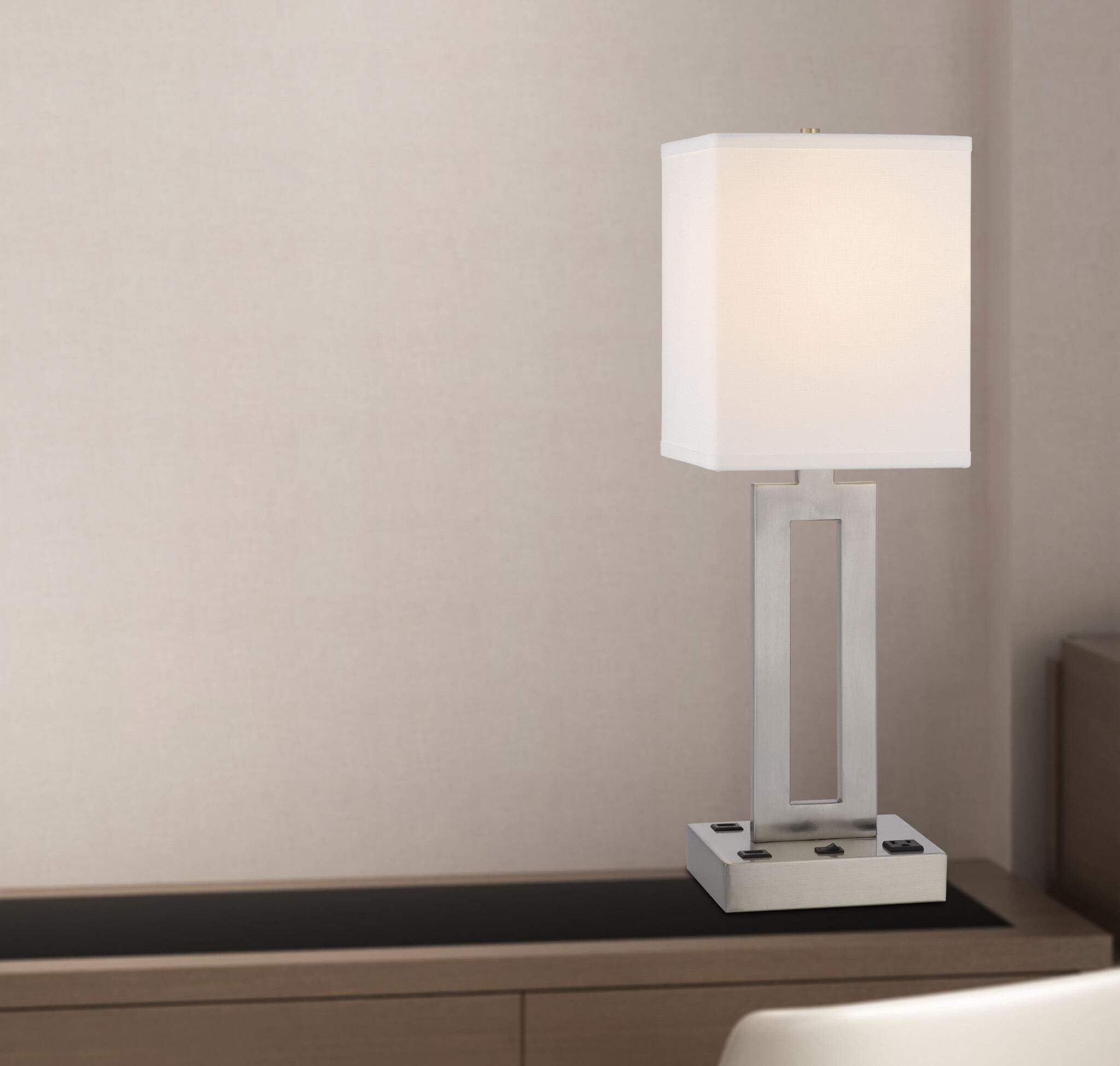 HomeRoots Desk Lamp with USB, 24 in., Nickel Metal, White Drum Shade, Model 524763