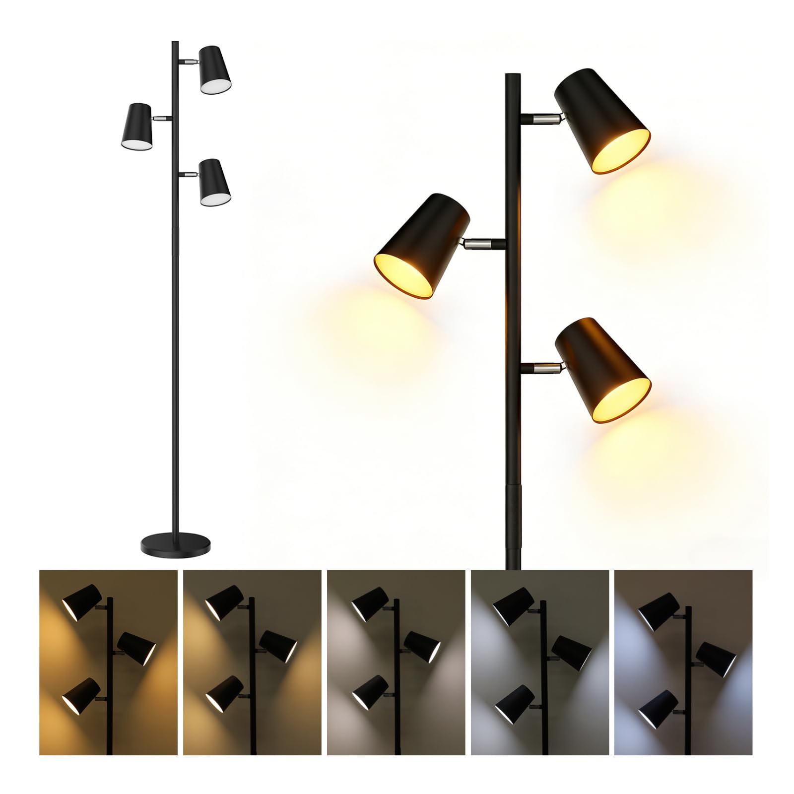Energetic Dimmable Floor Lamp, Modern LED Tree Lamp, 5 Color Temperature, Standing Light with 3 Adjustable Head for Bedroom, Liv