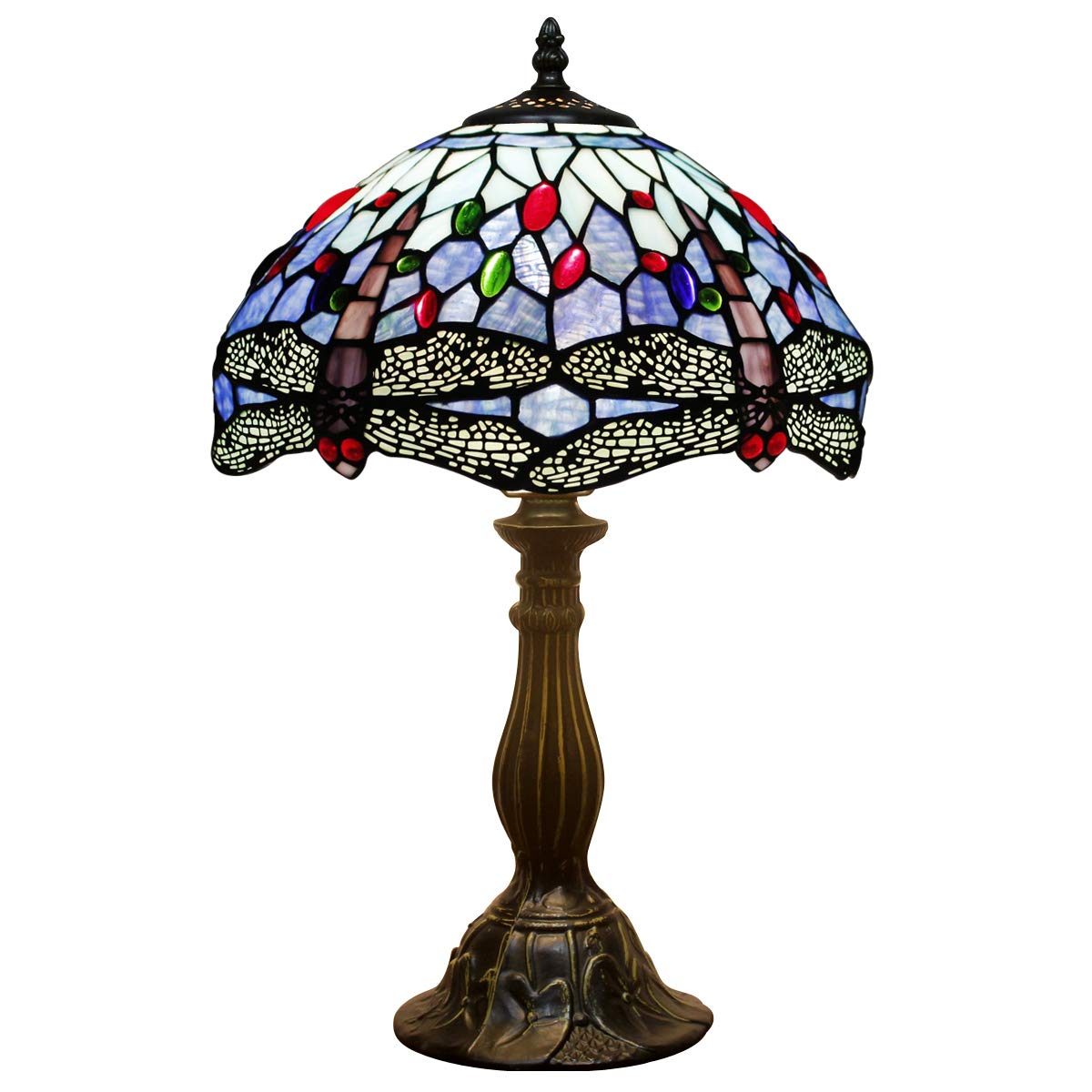 WERFACTORY Tiffany Table Lamp, Blue Stained Glass, 12X12X18 Inches, Dragonfly Style for Bedroom, Living Room, Home Office