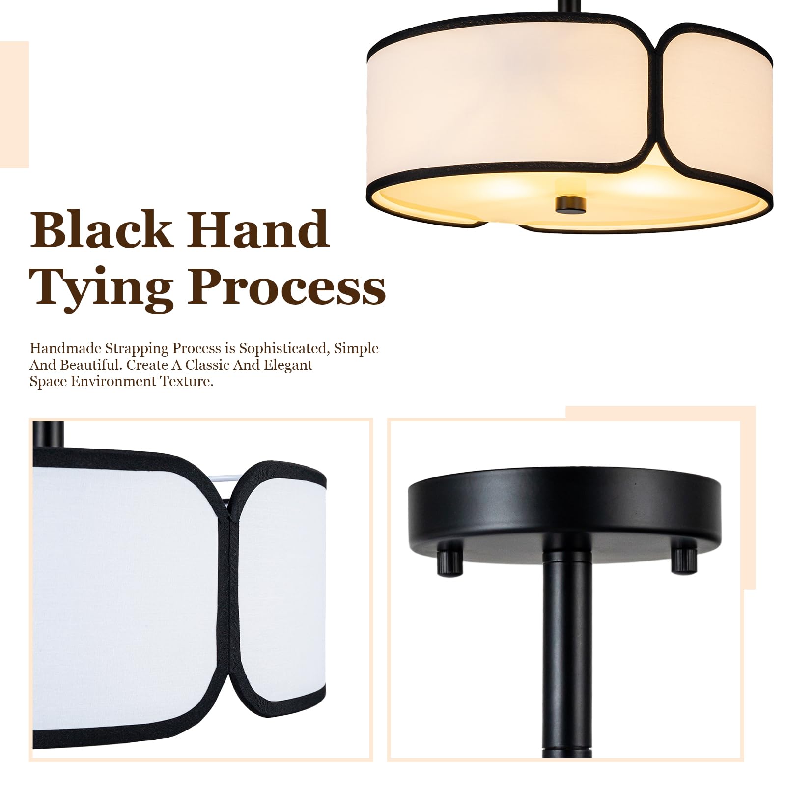 12.6'' Semi Flush Mount Ceiling Light - 3 Light Drum Light Fixture With Black Border Fabric Shade, Modern Close To Ceiling Light