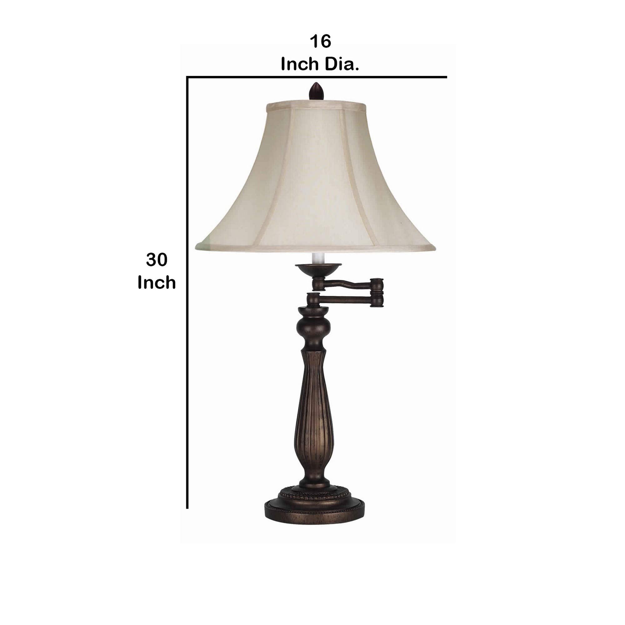 Benjara Swing Arm Metal Body Table Lamp With Fabric Bell Shade, Bronze And Beige
