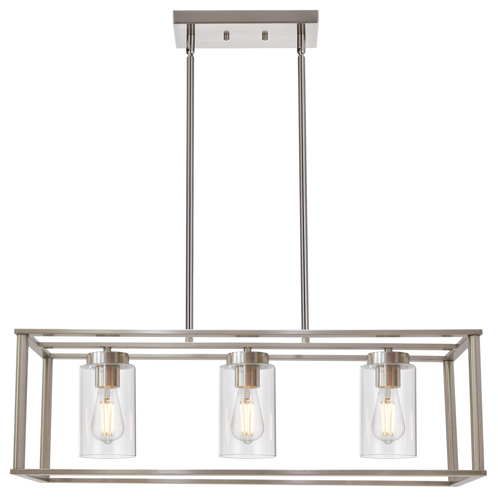 VINLUZ 3 Light Linear Chandelier Brushed Nickel Modern Pendant Light Fixture for Kitchen Island, Dining Room, Model 1811-3-SN