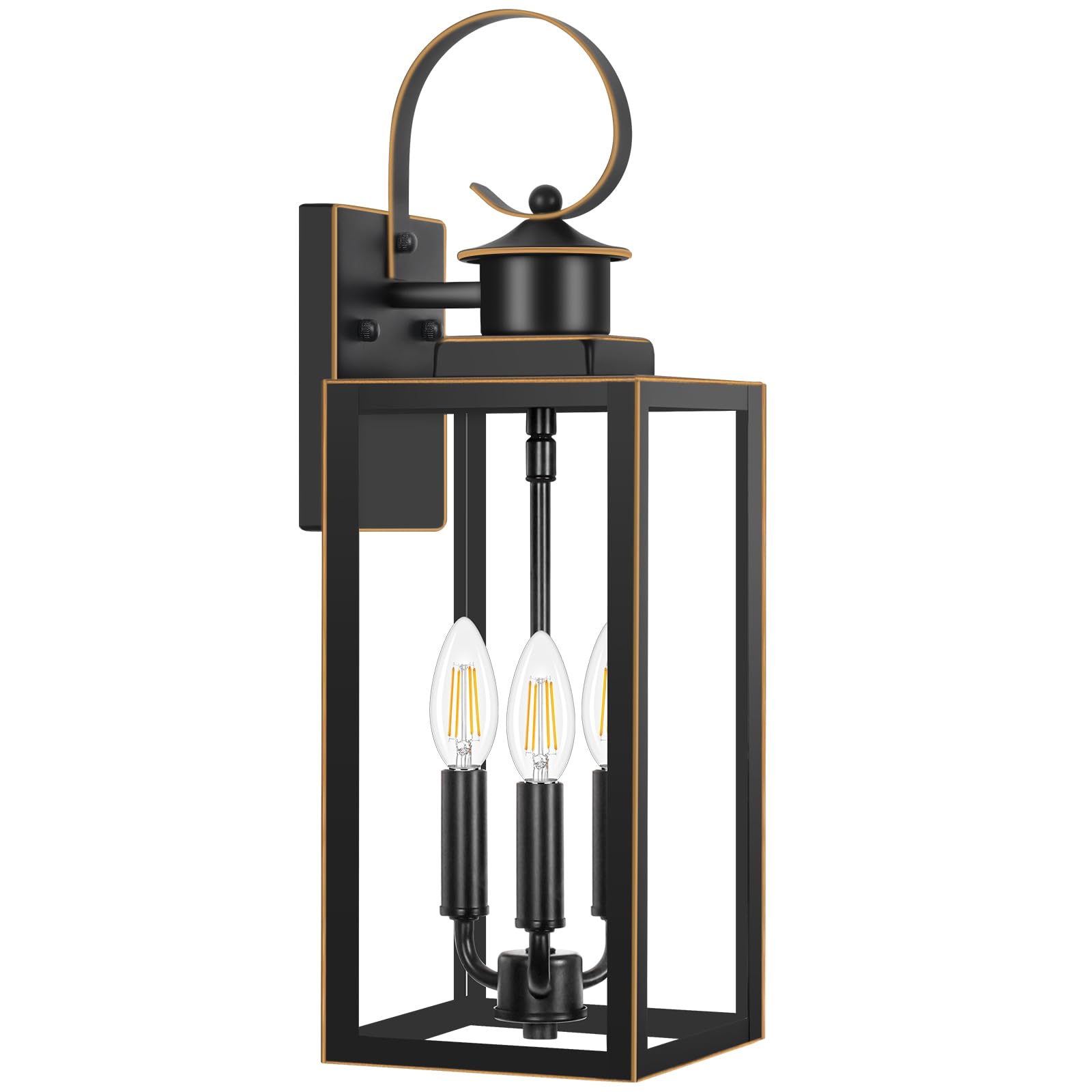 3-Light Outdoor Wall Light Fixtures, 19 Inch Large Waterproof Exterior Wall Sconces with Glass Shades, Black with Gold Trim Anti