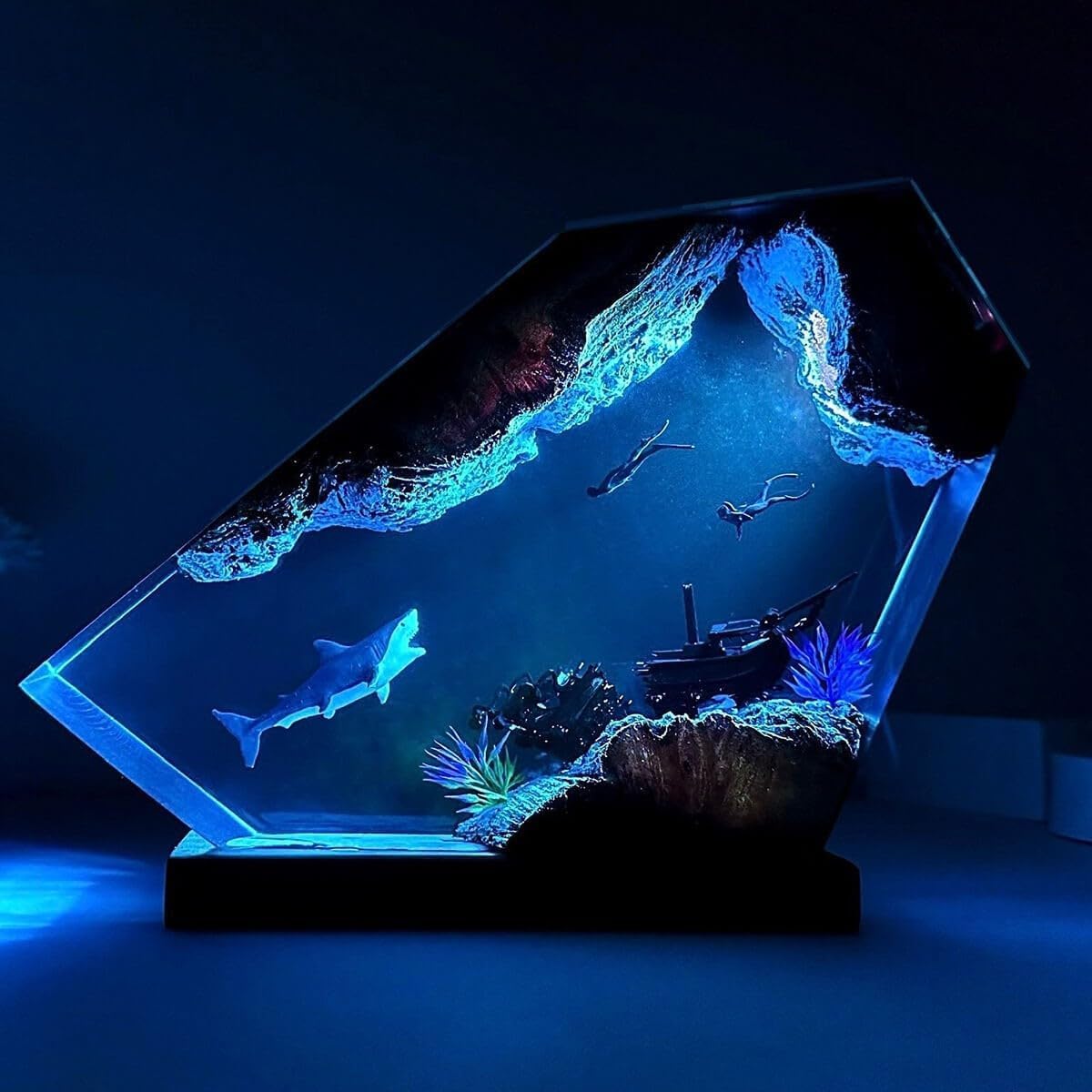 Shark Ocean Resin Lamp  Handmade Wooden Table Resin Night Light  Usb Port Art Ornaments For Home Office Decor  Scuba Diver Gifts For Birthday Holiday  ValentineS Day Gifts For Husband