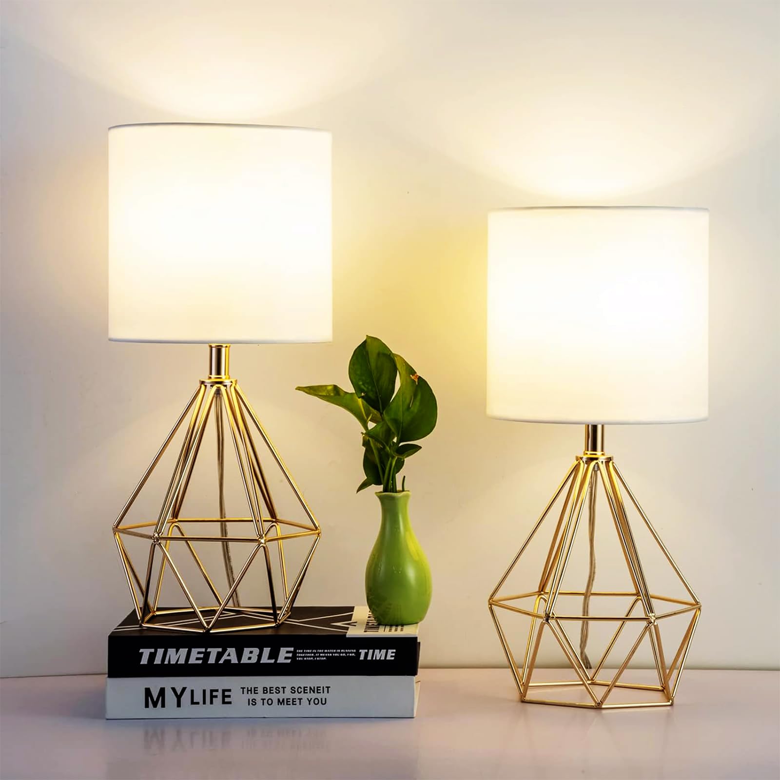 Sottae Gold Table Lamps Set Of 2, Small Gold End Table Lamp With White Fabric Shade,Bedside Nightstand Lamp With Geometric Metal