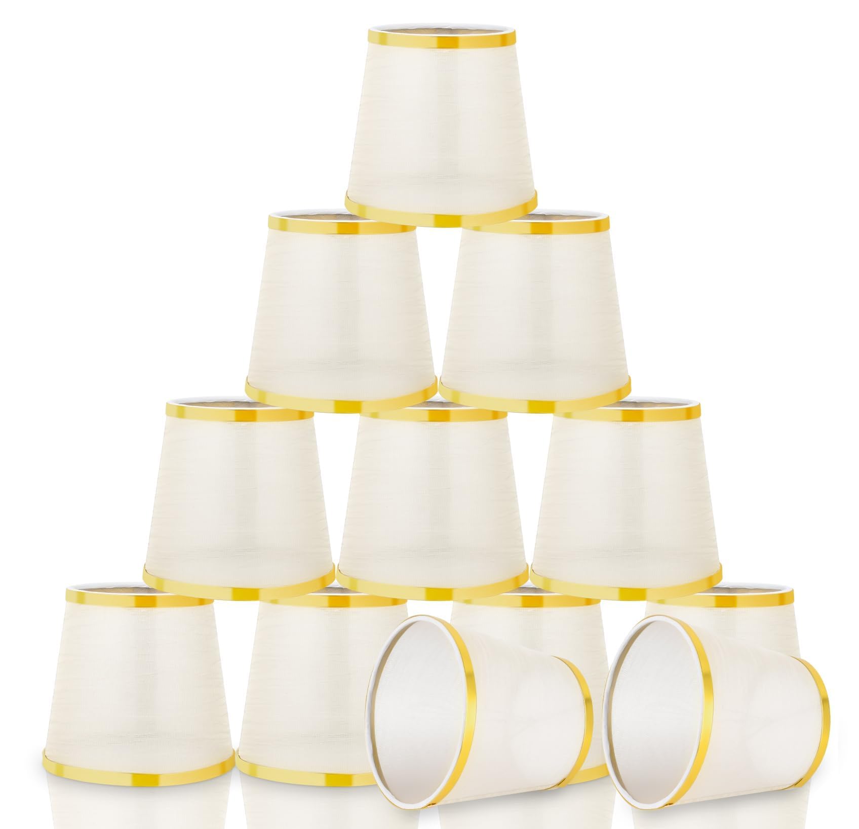 12 Pack Chandelier Lamp Shades, 3x6x5 Inch Natural Linen Fabric Clip On Bulb, Small Drum Shaped Lampshade, Golden Replacement Sh