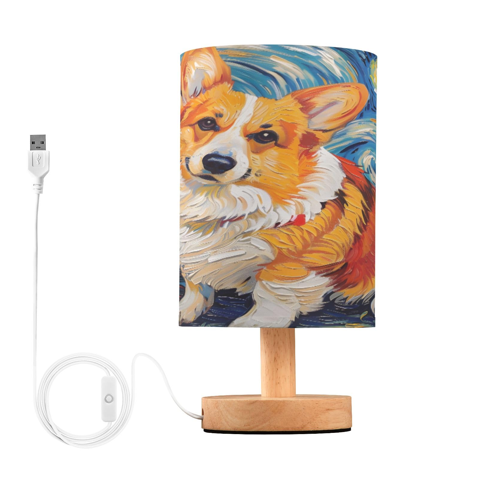 BOENLE Bedside Lamp Corgi Dog Starry Night Table Lamp for Bedroom LED Nightstand Lamp Shade USB Ports Wood Base for Living Room 