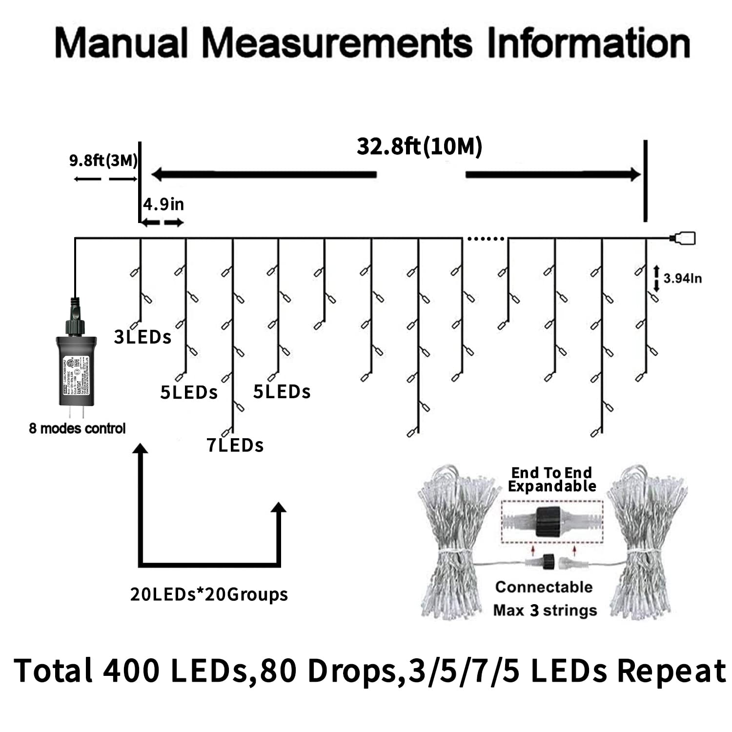 Yeguo 33Ft 400 Led Icicle Lights Outdoor, 80 Drops Icicle Christmas Lights Connectable, 8 Modes White Icicle String Lights With