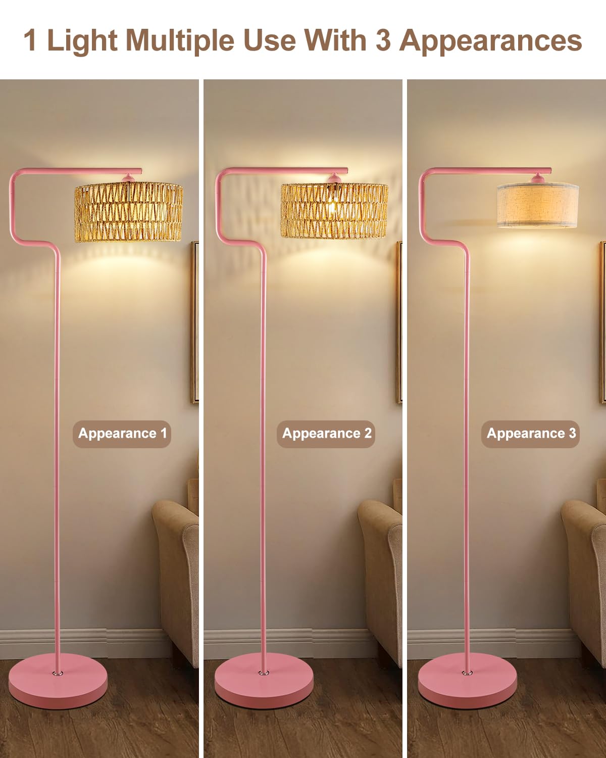 Lightdot Rattan Floor Lamp, Boho Arc Design, Double Shades, Foot Switch, Pink Model LFLL-M-97A