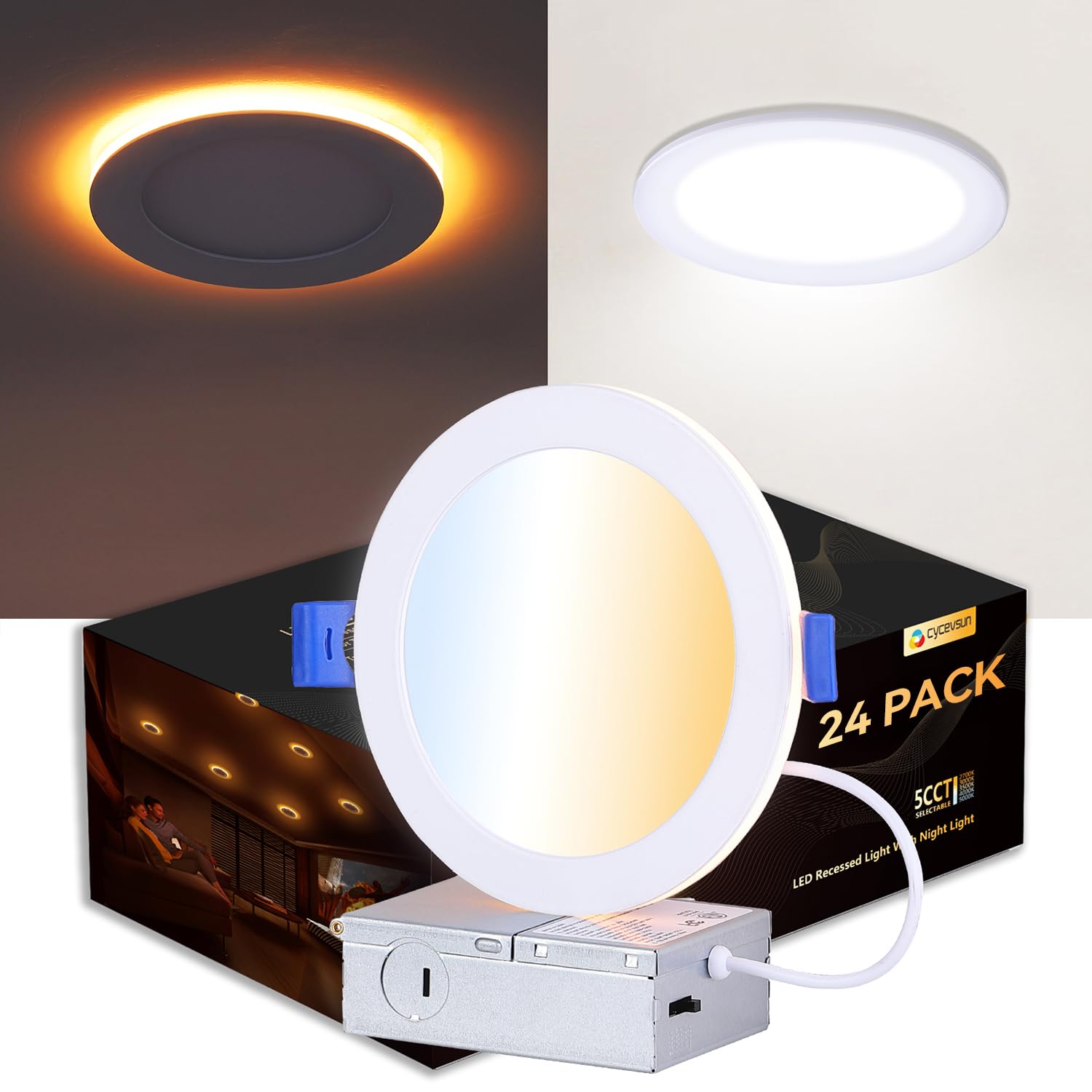 Cycevsun 24 Pack 6 Inch Led Recessed Lighting With Night Light - Canless Ultra Thin Wafer Downlight Soffit Pot  Dimmable & 5 Color Temperature Selectable  12W  Etl & Energy Star