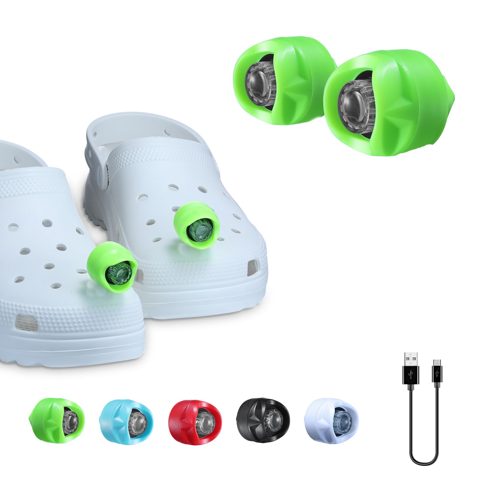 RAHAN Rechargeable Headlights - 2pcs LED Flashlights for Shoe Charm, 3 Light Modes, Green, Plastic, Model: Headlights-Green