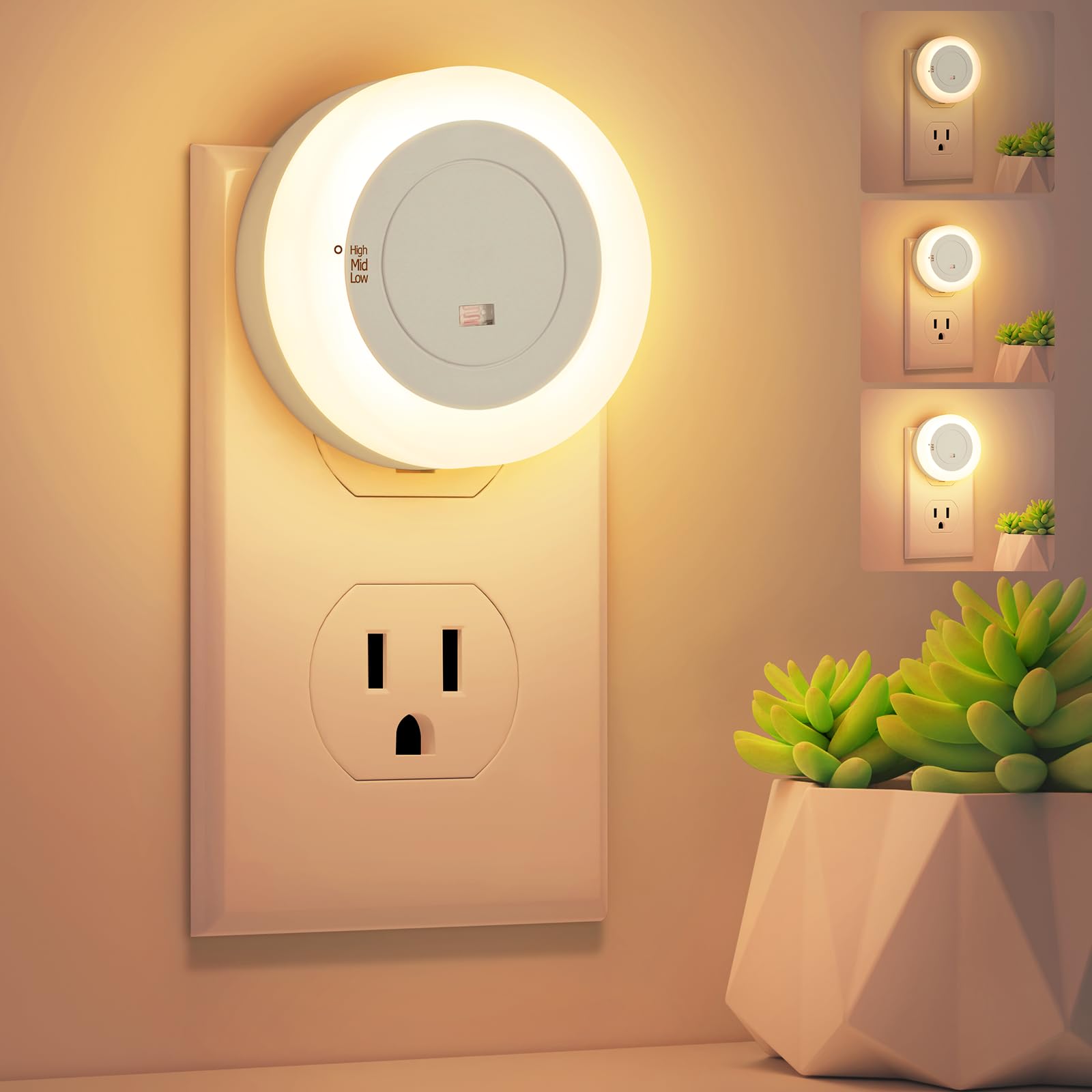 FOLKSMATE LED Night Lights Plug in, Dimmable Nightlight Plug Into Wall with Light Sensor, Soft White Adjustable for Adults, Bedr