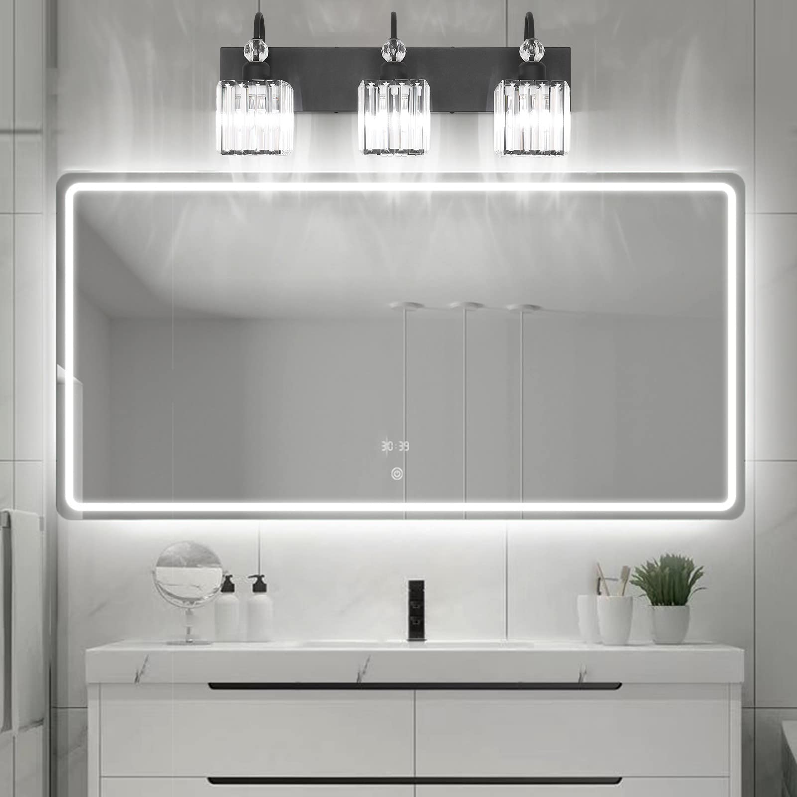Ralbay 3-Light Modern Crystal Bathroom Vanity Light Fixture Over Mirror Matte Black, Model 8607, Square-Black