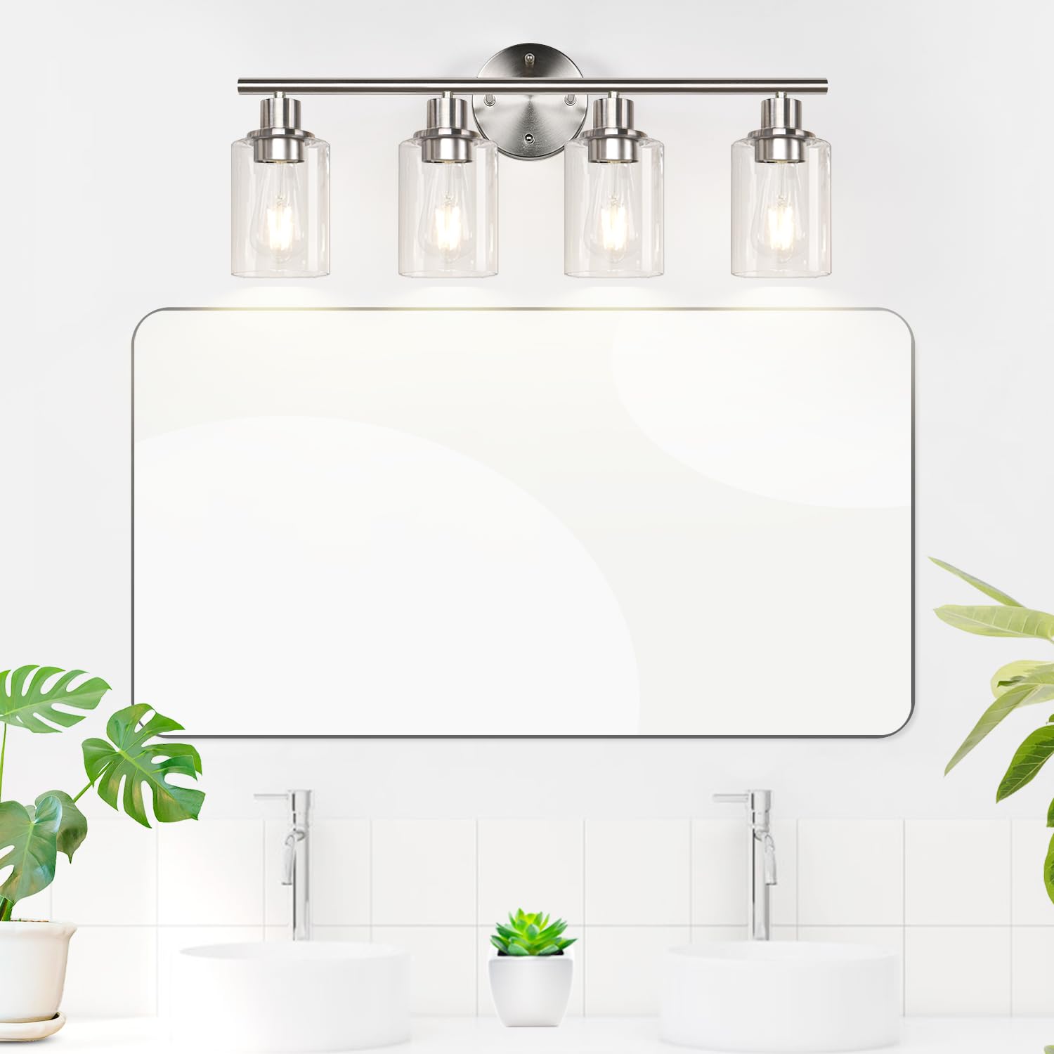 4-Light Bathroom Light Fixtures, Brushed Nickel Modern Vanity Lights Over Mirror With Clear Glass Shade, Bathroom Wall Lamp For