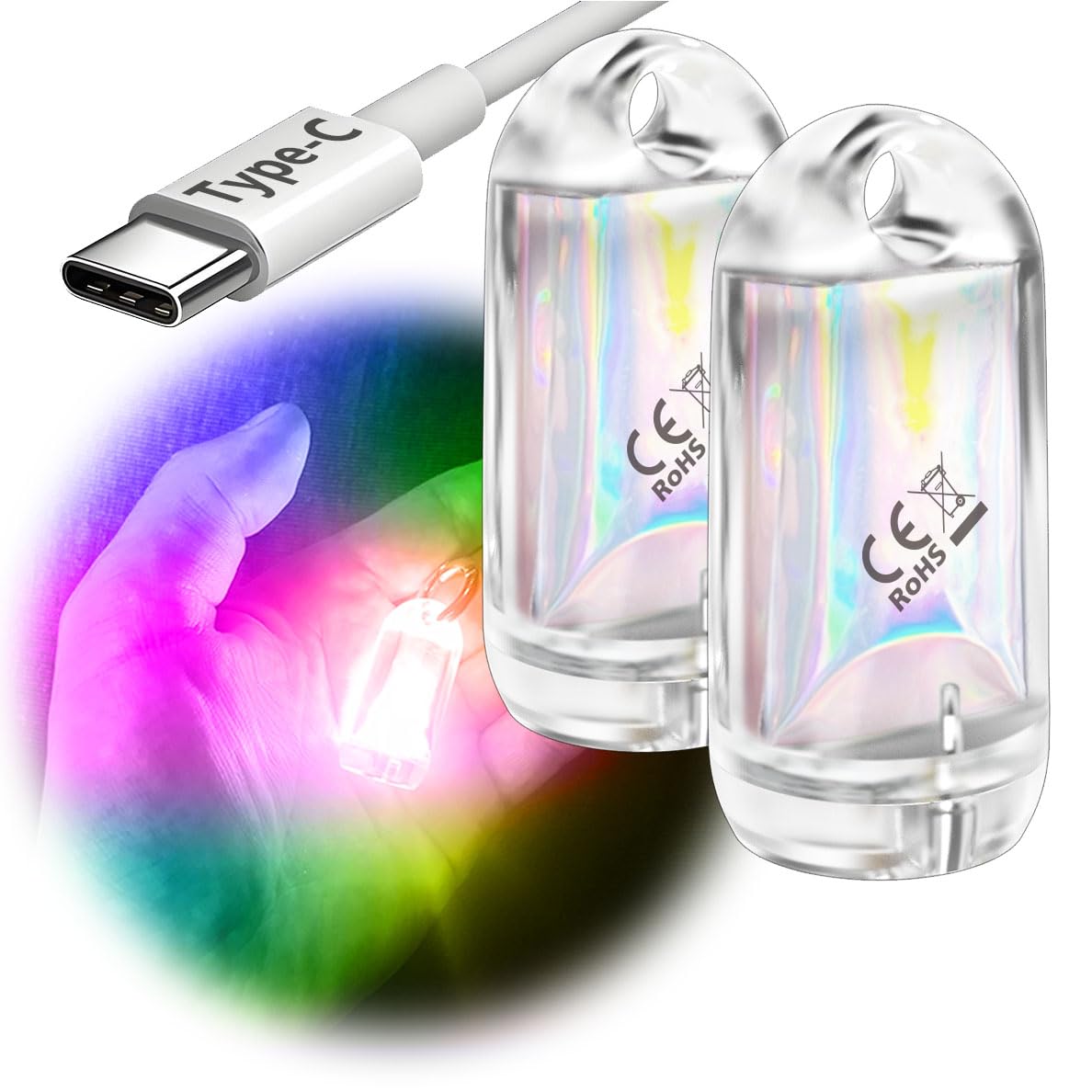 DOKeep USB Mini LED Lantern 2 Pack, Waterproof EDC Keychain Flashlight, Type-C Rechargeable, 7-Color Automatic Flashing, Model GD2