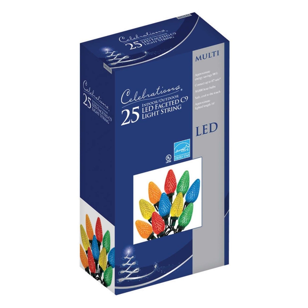 Celebrations 47657-71 C9 Led Light Set, 16', 25 Multi-Color Bulbs