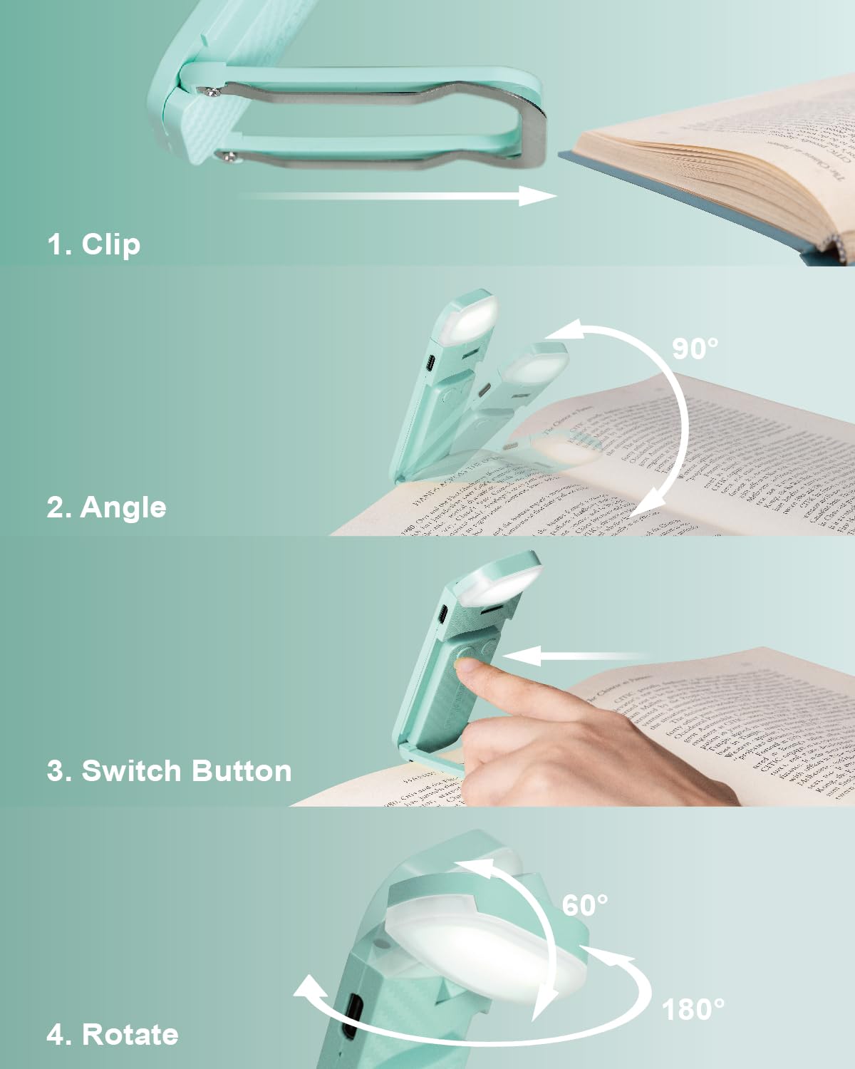 Hemonnkam Clip On Reading Light, Rechargeable, 5 Brightness Levels, 3 Color Modes, Light Blue