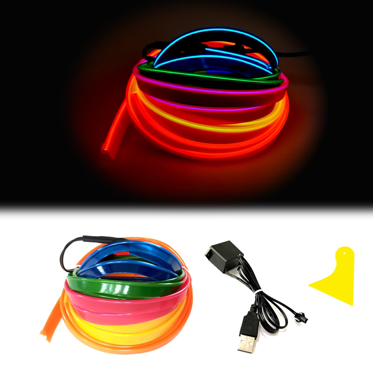 Maxlaxer LED Strip Lights, Multicolor 3M USB Neon Wire with Fuse Protection for Automotive Interior Decoration