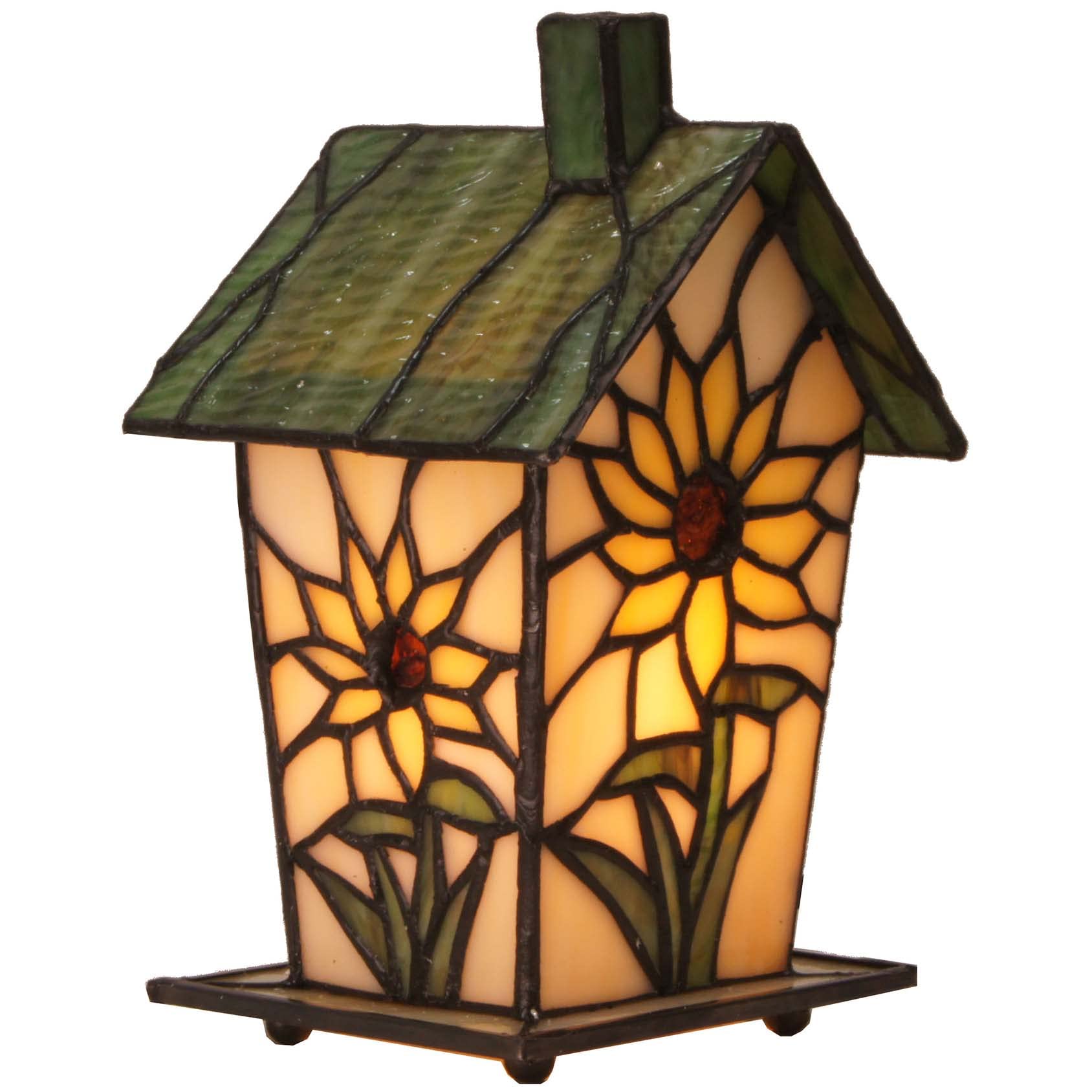Bieye L10781 Tiffany Style Stained Glass Birdhouse Table Lamp for Home Decor (7-inch High, Sunflower)