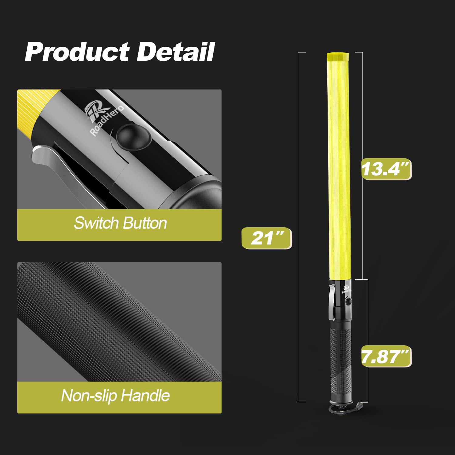 Roadhero 2 Pack 21Inch Traffic Wand, Yellow Led Traffic Control Baton, Night Safety Light Wands With 2 Flashing Modes, Air Marshaling Signal Wand With Side Clip For Airport, Parking, Car Directing
