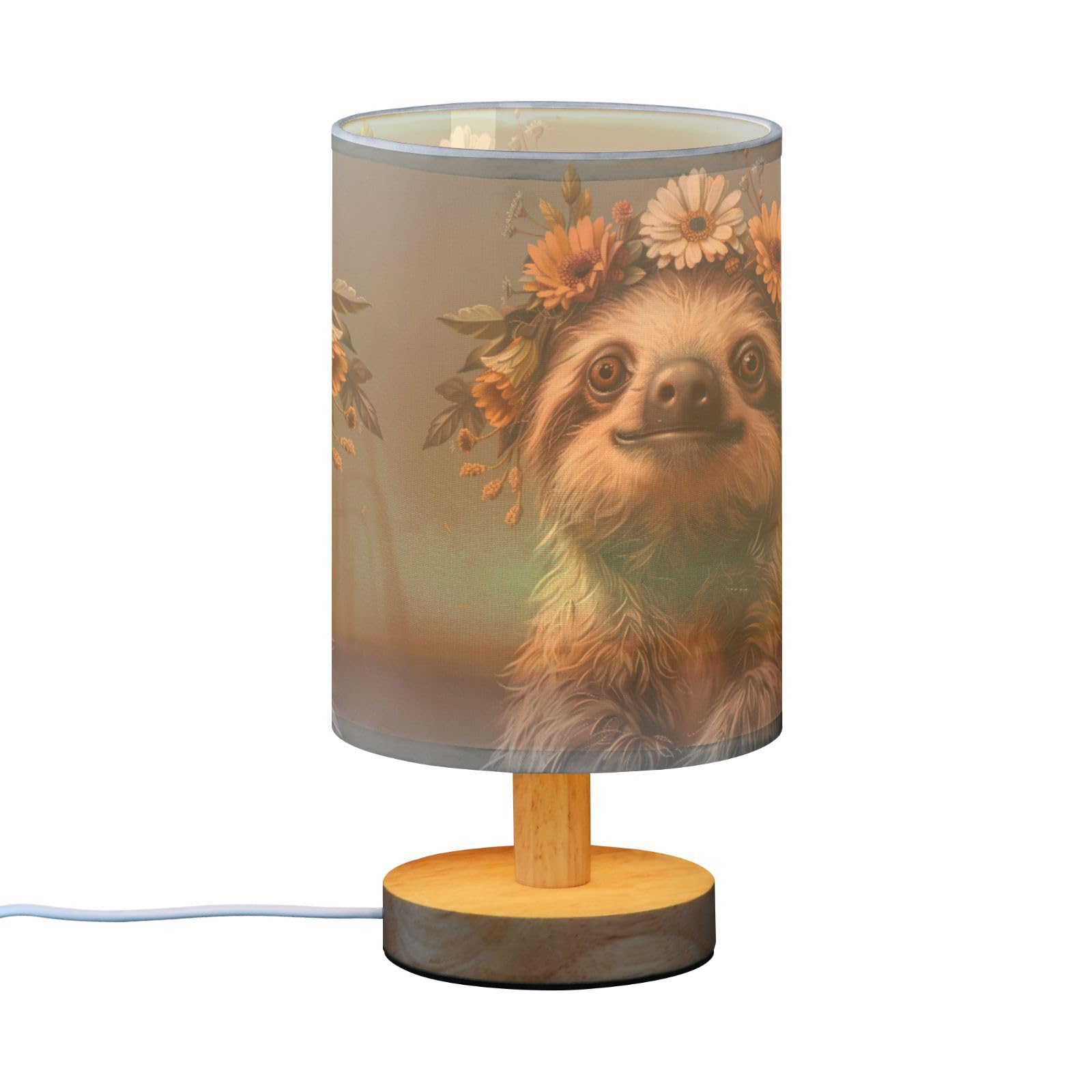 Goodold Cute Sloth Led Table Lamp - Modern Minimalist Bedside Lamp With Round Flaxen Fabric Shade For Nightstand, Perfect For Be