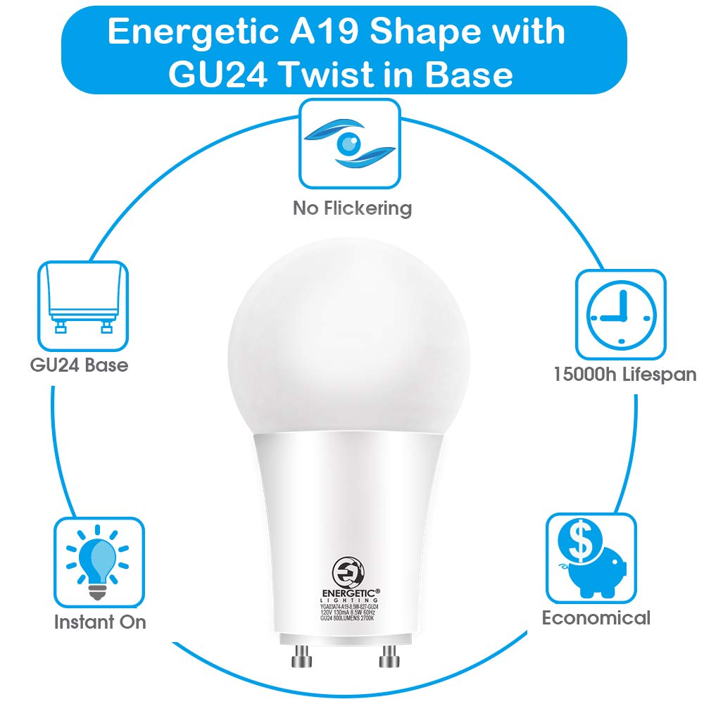 Energetic Led Gu24 Base, A19 Shape, 60 Watt Equivalent (8.5W), 5000K Daylight, 800 Lumens, Non-Dimmable, 2 Pin Led Light Bulb, U