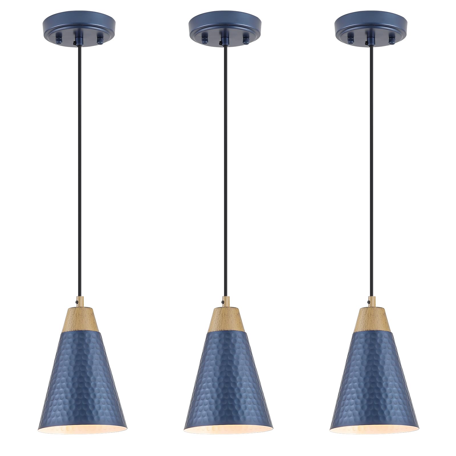 Dijiahua Blue Kitchen Pendant Lighting Over Island 3 Pack Small Modern Farmhouse Chandeliers Navy Hammered Metal Shade Mini Vintage Adjustable Cord Hanging Ceiling Lamp Fixtures Over Sink