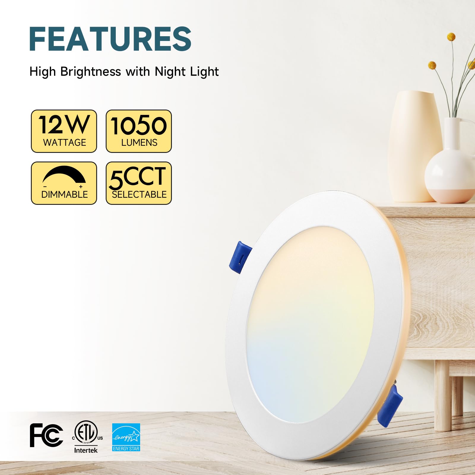 Ecoeler 6 Inch 5Cct Led Recessed Ceiling Light With Night Light, 2700K/3000K/3500K/4000K/5000K Selectable Canless Recessed Light