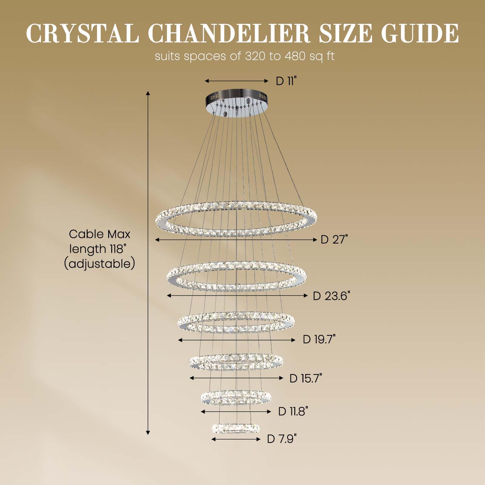 Siljoy 6 Ring Crystal Chandelier Lighting - LED Ceiling Fixture, High Ceiling Foyer, Stainless Steel, Model HLP168-234567