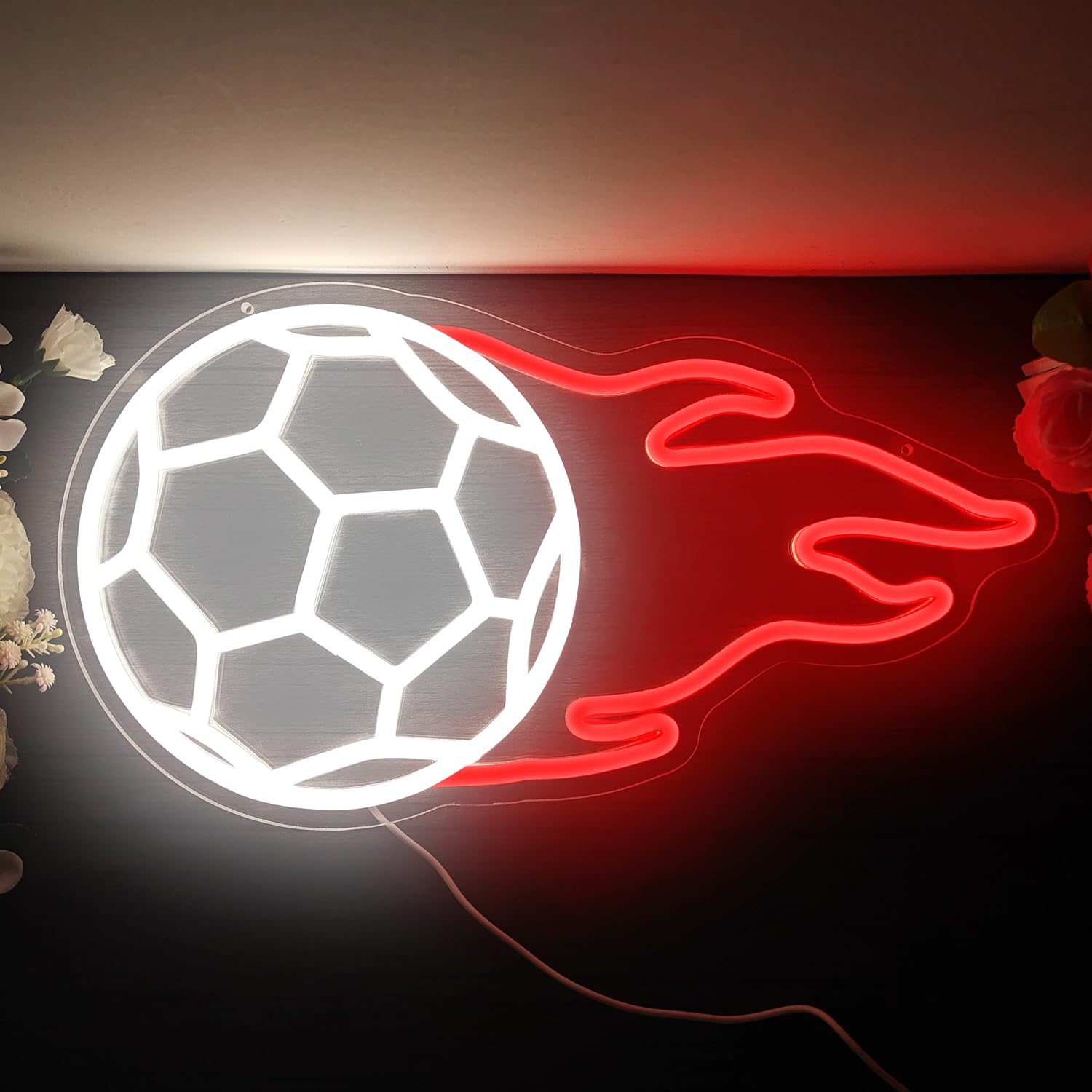 Soccer Neon Sign for Wall Decor Dimmable Soccer On Fire Led Sign Neon Soccer Ball Sign Neon Lights Sign for Bedroom Light Up Sig