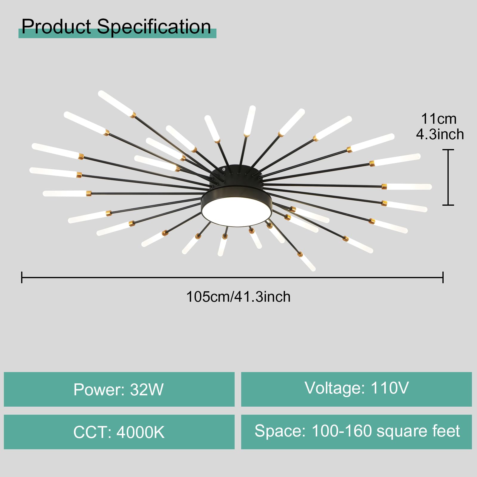 Ziidoo Modern Ceiling Light  28+1 Lights Metal Firework Designed Chic Led Lighting Fixture For Farmhouse Kitchen Dining Room Bedroom Hallway Living Room (Black)