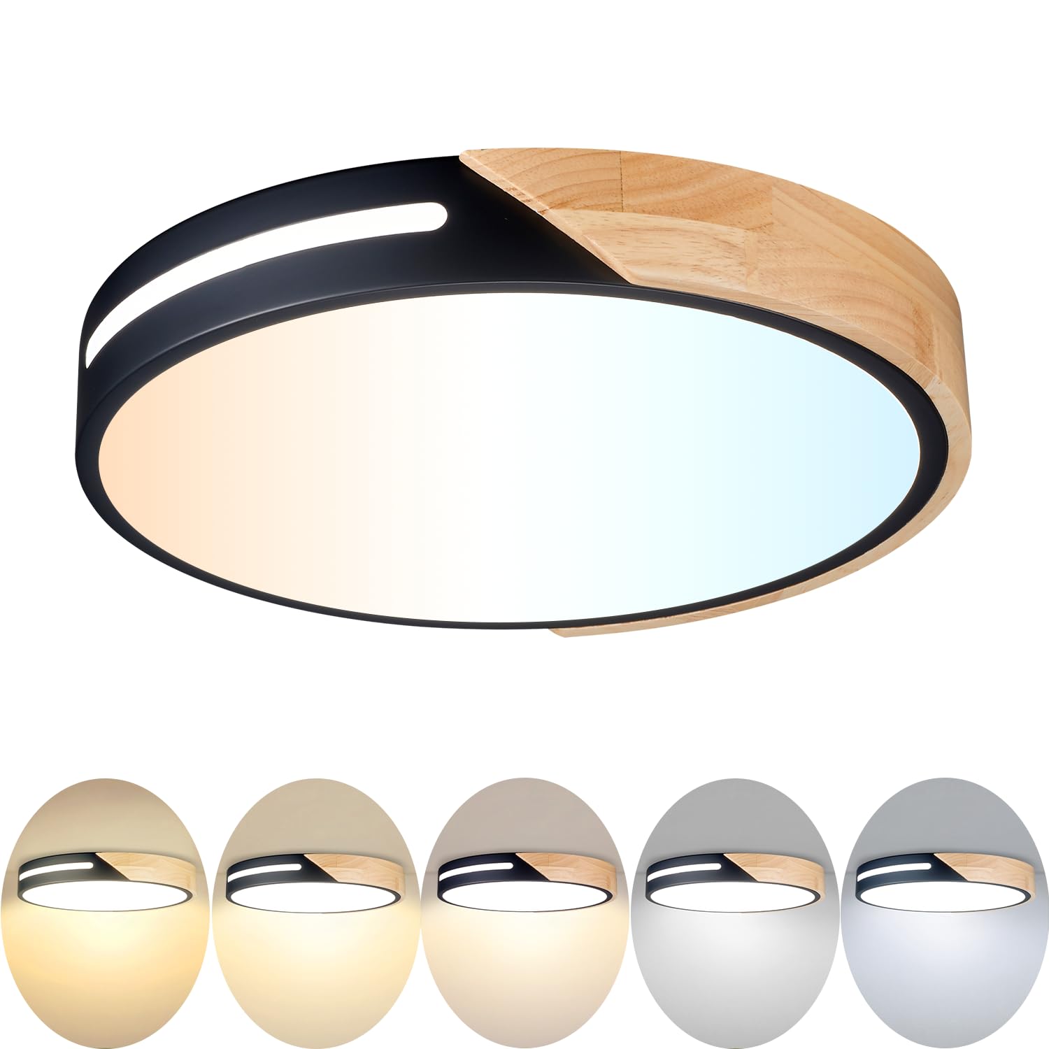 Wheatronic Black And Wood Flush Mount Ceiling Light Fixture 12 Inch, Dimmable Led Flush Mount Black, Modern Light Fixture Ceilin