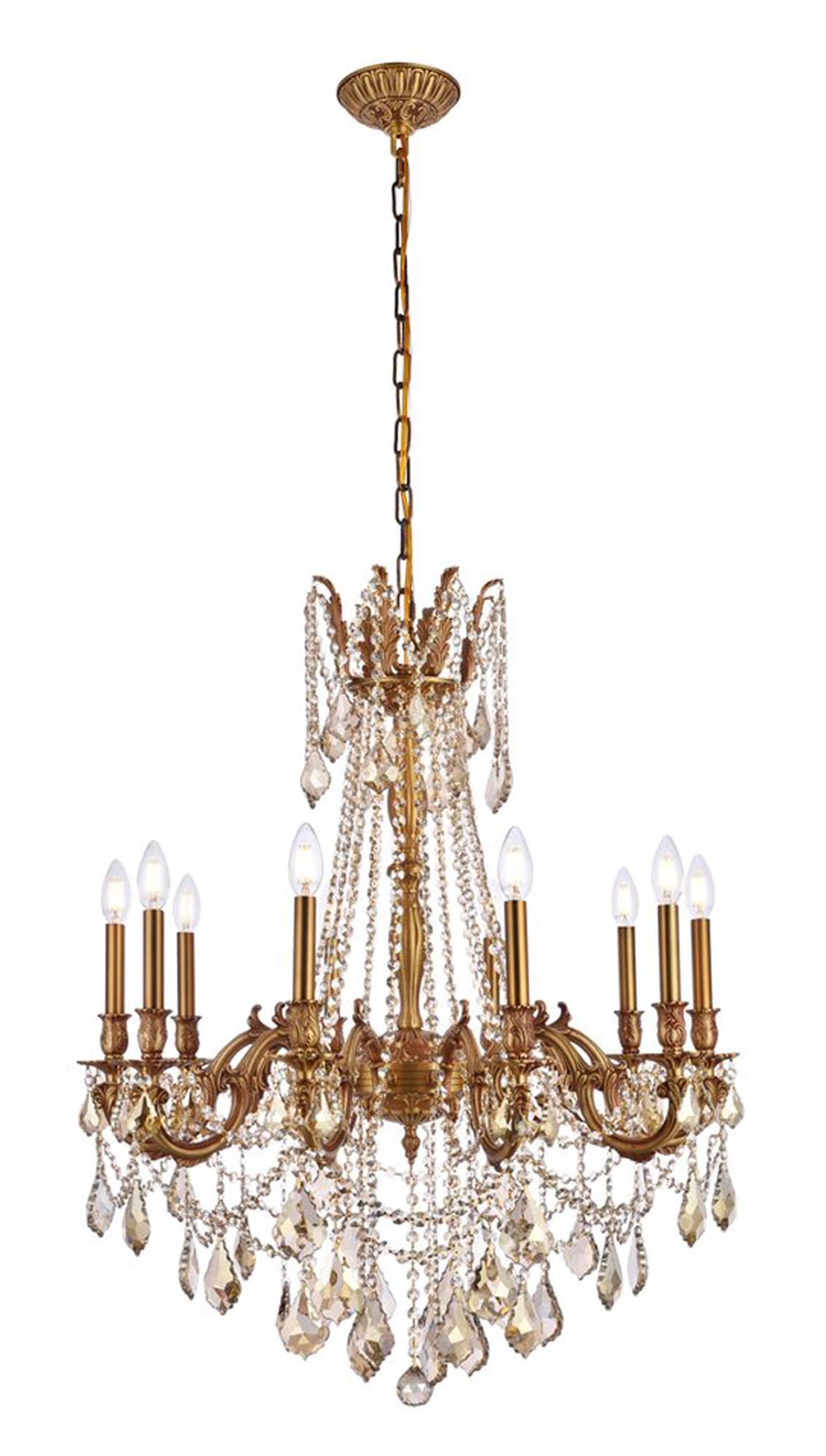 Elegant Lighting 9210D28FG-GT/RC Royal Cut Smoky Golden Teak Crystal Rosalia 10-Light, Single-Tier Crystal Chandelier, Finished in French Gold with Smoky Golden Teak Crystals, 28" x 31", French Gold Finish