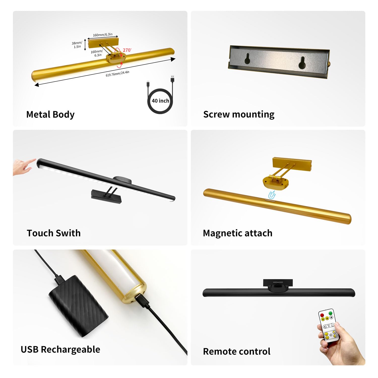 MQOUO Wireless Picture Light, 24.4in Rechargeable, Dimmable, Remote Control, Full Metal, Gold-2Pack, Model CDTY620-YK-5V
