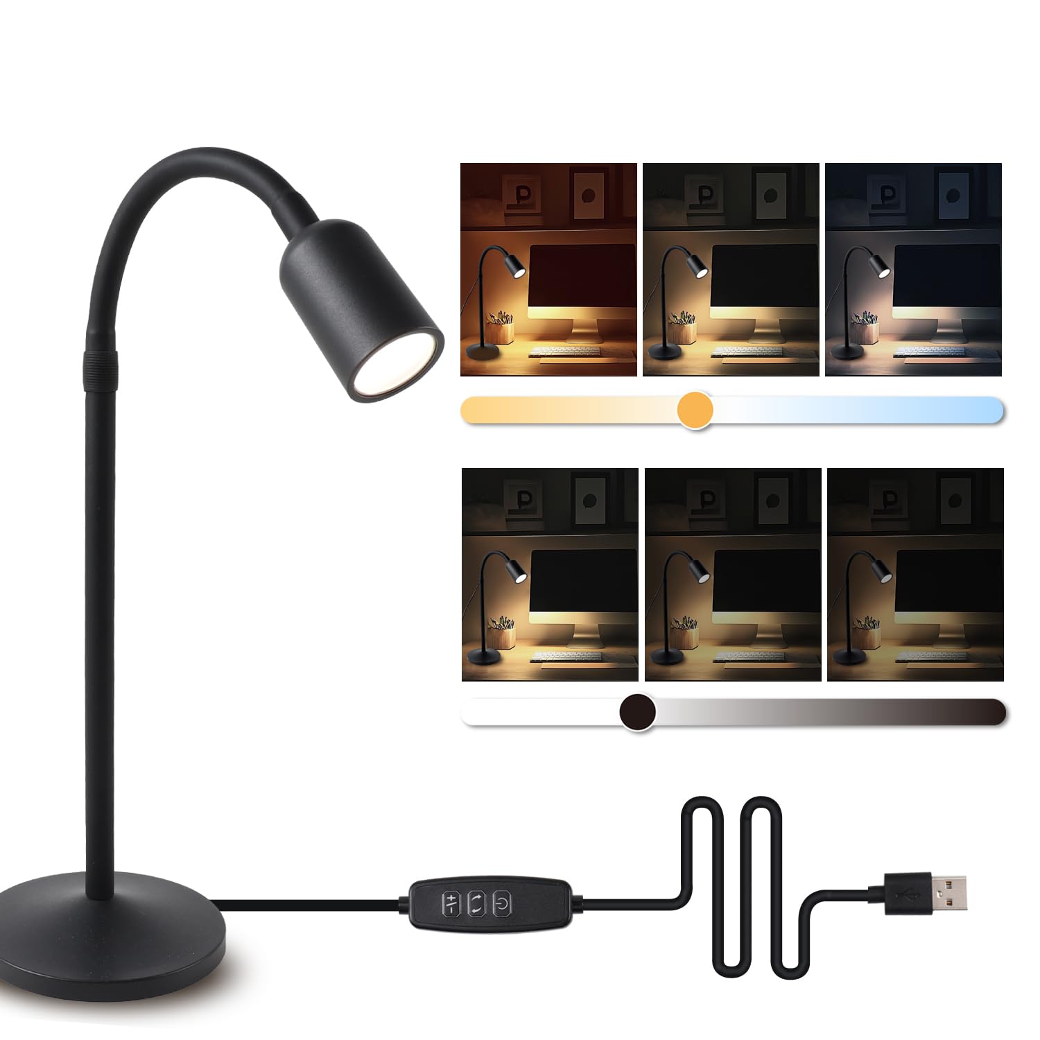DAMI Dimmable LED Desk Lamp USB Powered  3 Color Modes Flexible Gooseneck Reading Light  Eye-Caring Small Table Lamp for Home Office Study Bedroom Dorm Bedside - Black