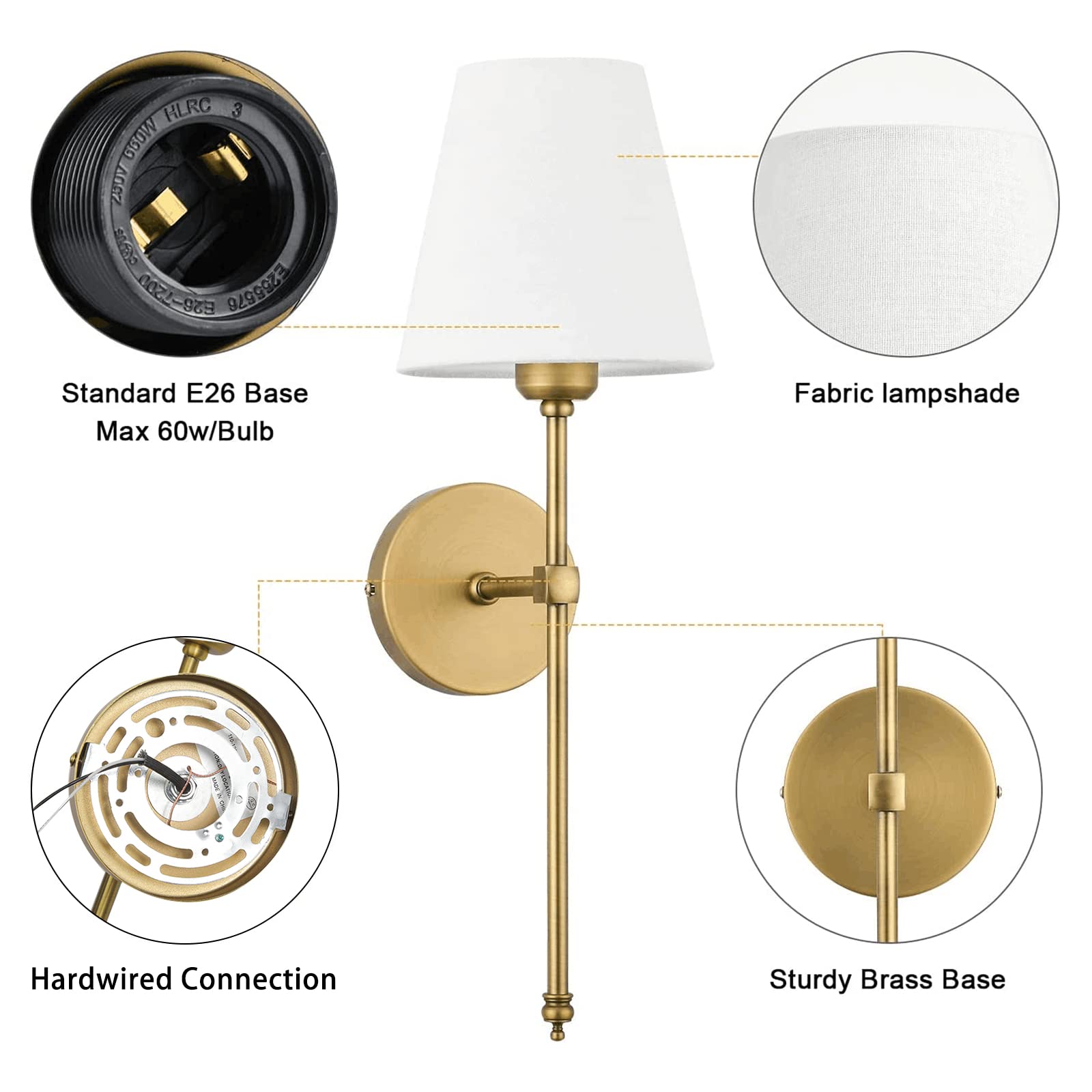 Bsmathom Wall Sconces Set of 2, Classic Brushed Brass Lighting Fixture with Fabric Shade, Gold, Model C002-BDWX