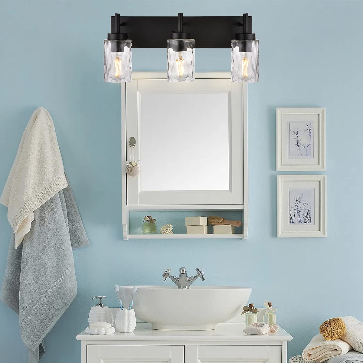BONLICHT 3-Light Modern Vanity Light Fixture, Black Metal with Hammered Glass Shade, 23.6 inch Wall Sconce for Bathroom and Dressing Table