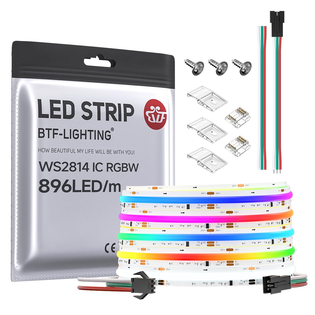 Btf-Lighting Fcob Cob Led Strip Ws2814 Ic Rgbw 6000K Flexible High Density Color Chasing Uniform Light 16.4Ft Dc24V 896Led/M 16Ic/M 12Mm Width For Home Diy Lighting Projects(No Adapter Or Controller)