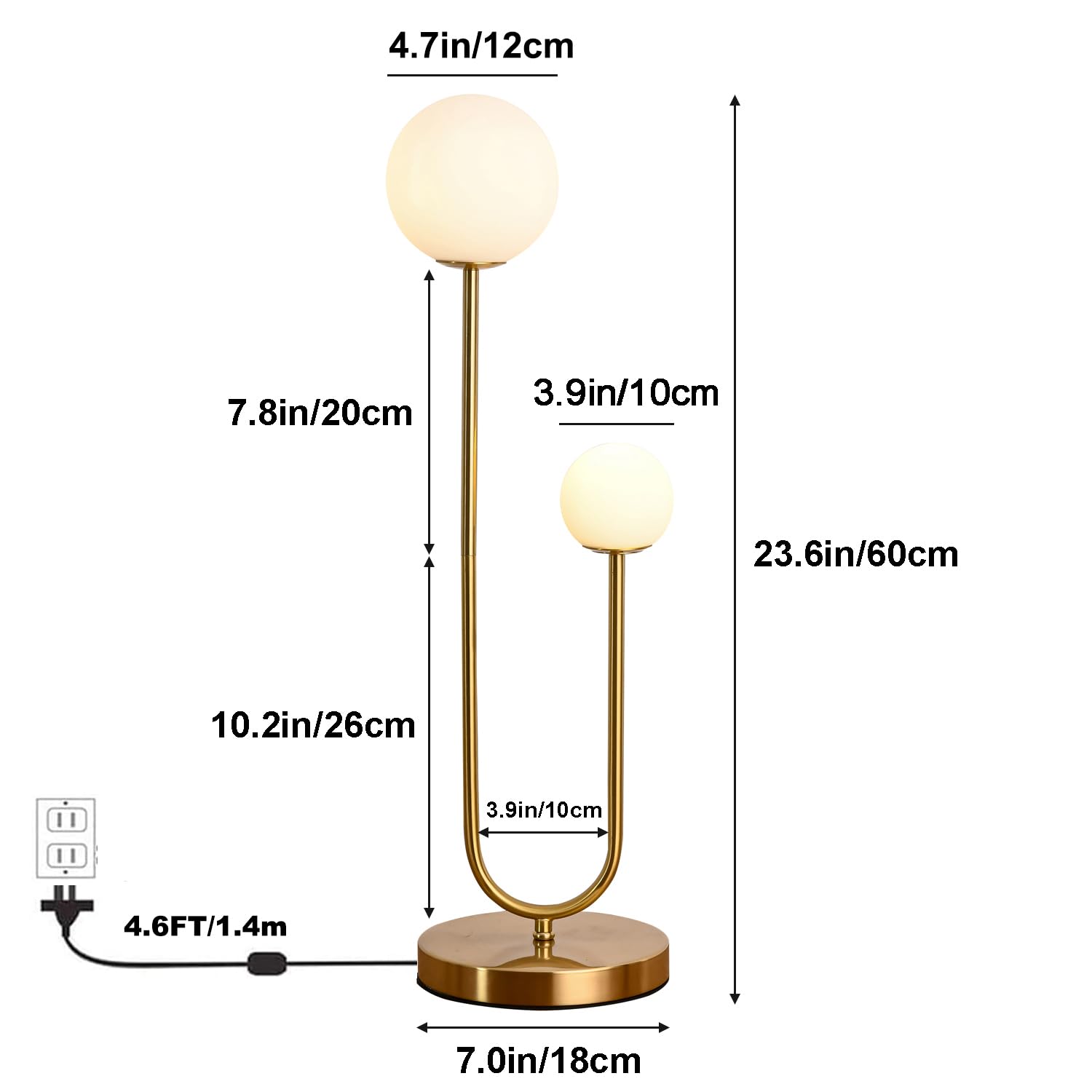 AMARTIZ Mid Century Gold Globe Table Lamp, 2-Light U-Shape Design, Milk White Glass Shade, Model T3000, Ideal for Bedroom Nightstand