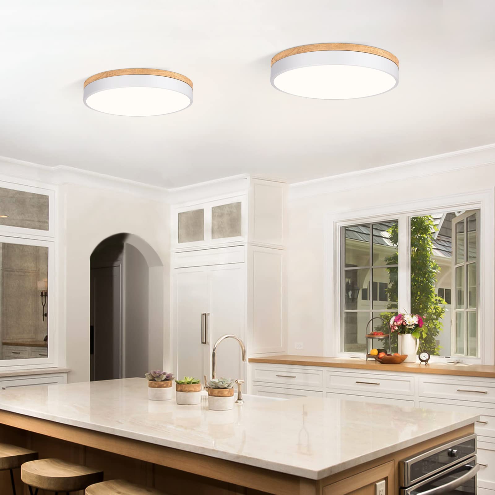 Vikaey Modern Wood Led Ceiling Light Fixture, Milimalist White Flush Mount Ceiling Lights, 4000K Round Ceiling Fixtures For Livi