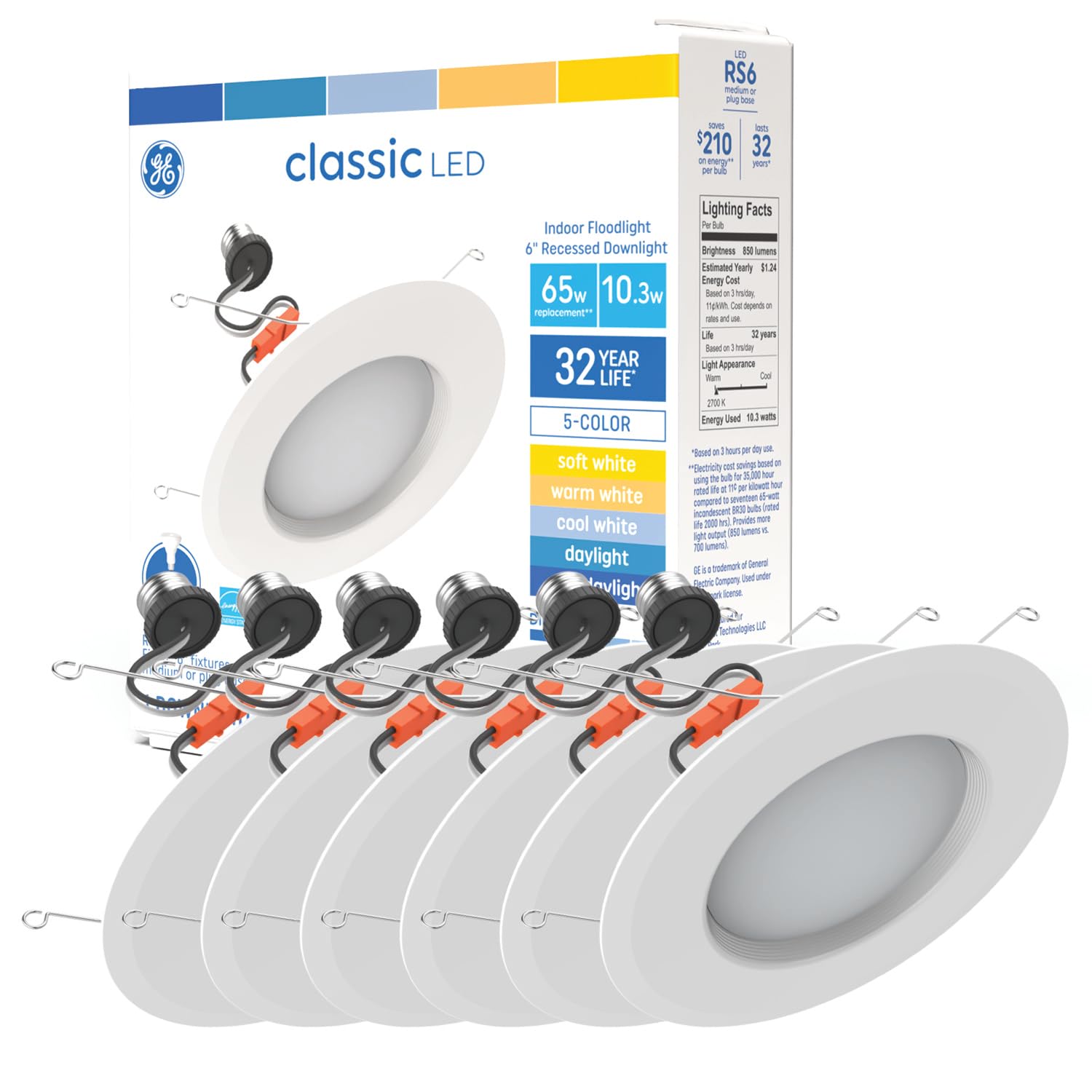 GE LED Recessed Downlight Fixture, RS6 Indoor Floodlight, 6-Inch, Multiple Color Temperatures, 65 Watt Replacement (6 Pack)