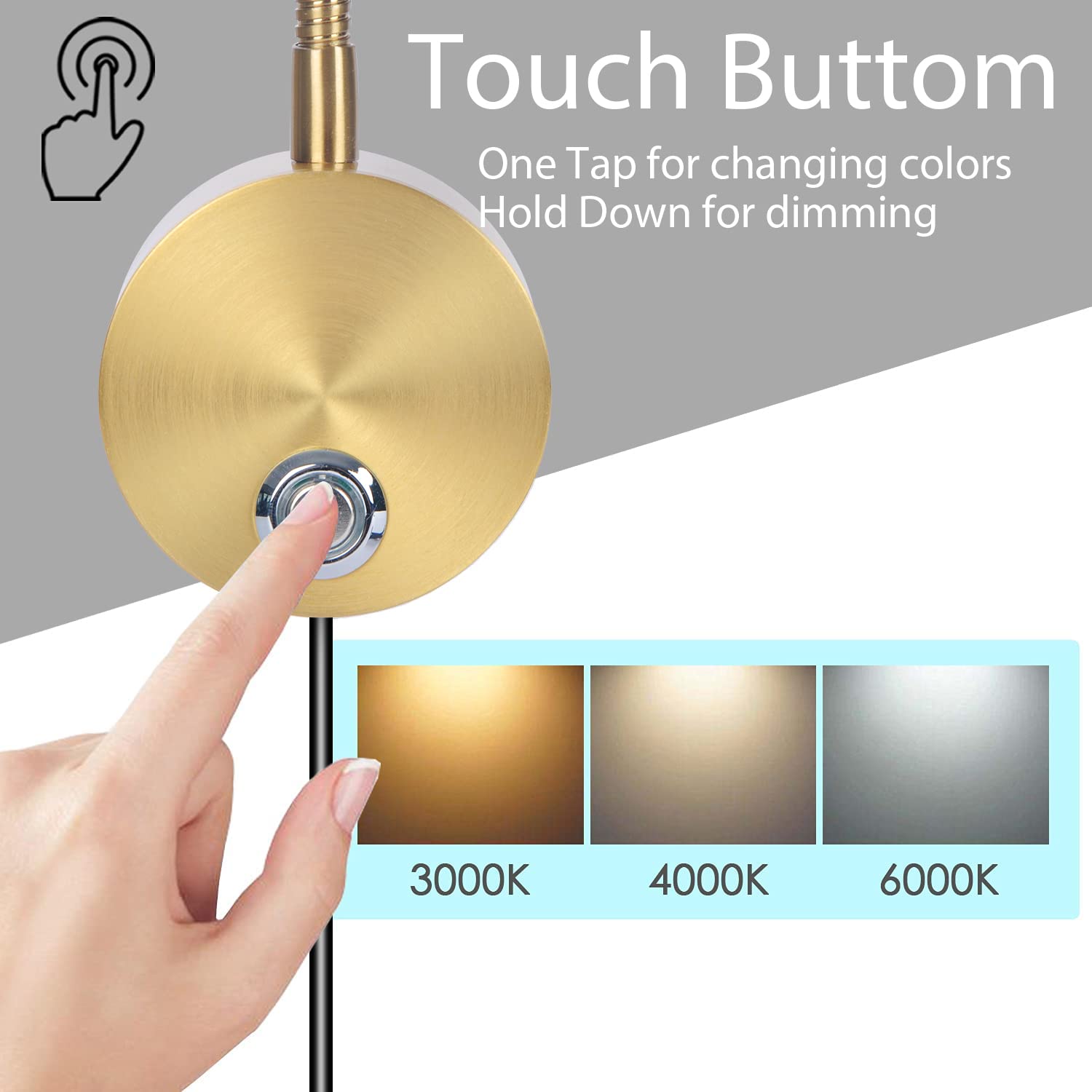 Adust Bedside Reading Light, 3W LED Touch Dimmable, Adjustable Colour Temp, Gold (1-Pack), Brushed Nickel, Model RL-2