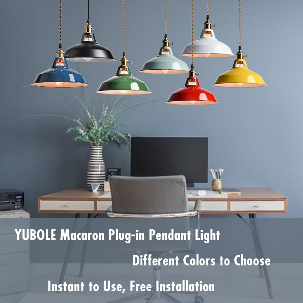 Yubole Modern Green Plug-In Pendant Light Macarons Kitchen Hanging Swag Lighting  Metal Barn Shade With On-Off Switch Plug Cord Light For Bedroom Foyer Dining Bar