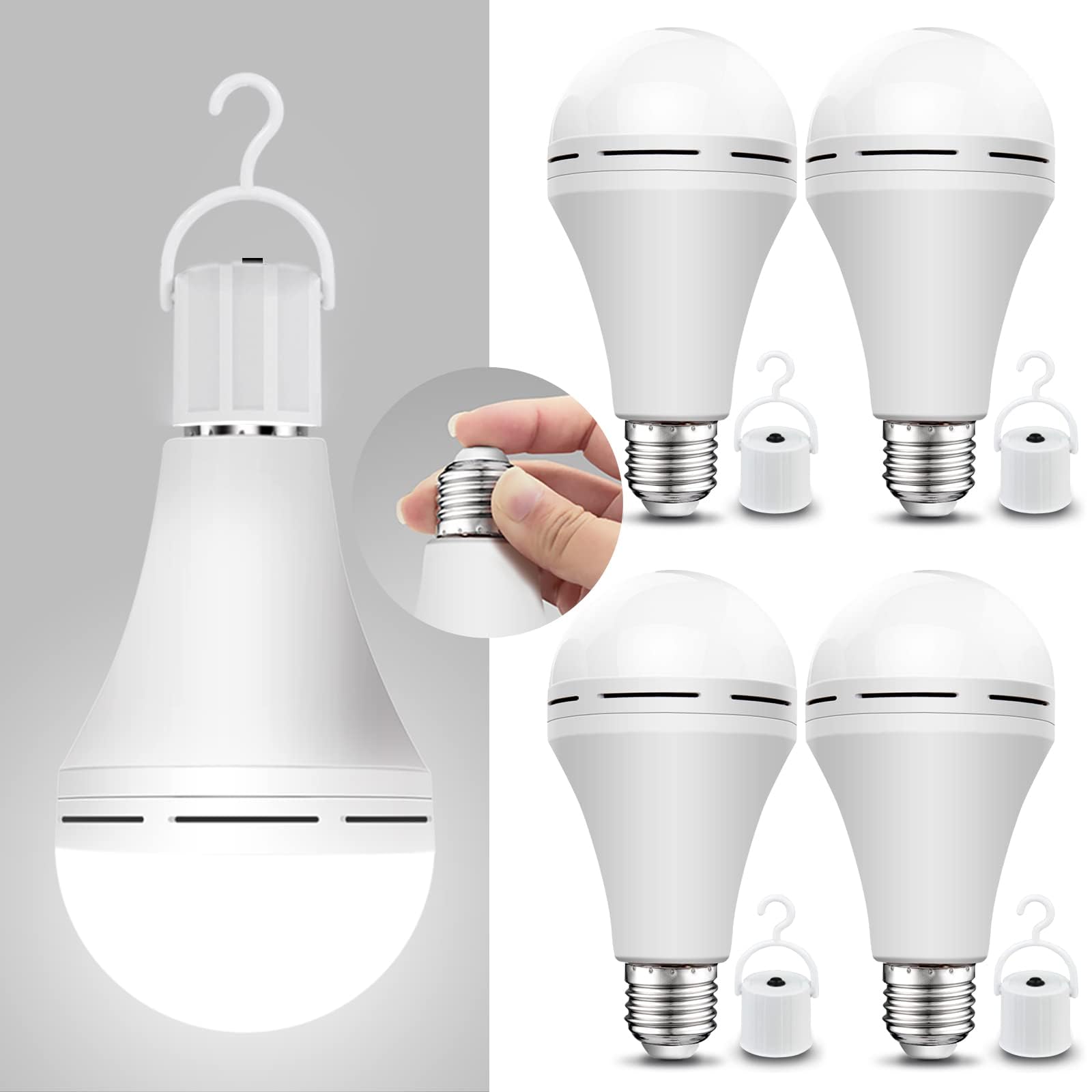 Neporal 4 Pack Emergency-Rechargeable-Light-Bulb, Stay Lights Up When Power Failure, 1200Mah 15W 80W Equivalent Led Light Bulbs 